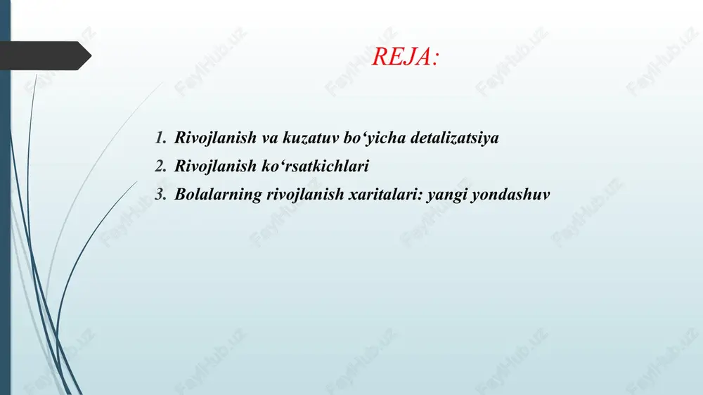 katlari) maxsus ko‘rsatkichlar: sport o‘yinlarida qatnashish darajasi, muvozanat va chidamlilik. kognitiv rivojlanish nutq boyligi, fikrlash qobiliyati, eslab qolish va muammolarni hal qilish. o‘rganish uslubi: vizual, eshitish, harakat orqali o‘rganish. ijtimoiy va hissiy rivojlanish do‘stlar bilan aloqasi, guruhdagi roli, konfliktlarni hal qilishi. hissiy barqarorlik: qo‘rquv, xursandlik, qiziqish, sabr-toqat. ijodiy rivojlanish san’atga qiziqishi, rasm, qo‘l mehnati, musiqaga qobiliyati. yangi g‘oyalarni ishlab chiqish qobiliyati. rivojlanish xaritasi – bu har bir bolaning individual o‘sish va rivojlanish yo‘lini kuzatish vositasi. zamonaviy yondashuvlar bilan quyidagilar kiritiladi: shaxsiy profil va tarix ism, familiya, tug‘ilgan sana, oilaviy holat, ilgari mashg‘ulotlarda kuzatilgan rivojlanish tendensiyalari. jismoniy rivojlanish motorika, muvozanat, chidamlilik, qo‘l va oyoq harakatlarini boshqarish darajasi. sport mashg‘ulotlariga qiziqishi, sog‘liq holati, tana o‘sishi (bo‘y, vazn). aqliy va kognitiv rivojlanish nutq boyligi, mantiqiy fikrlash, xotira, e’tibor va mas’uliyat. o‘rganish uslubi va tezligi (vizual, eshitish, amaliy mashg‘ulot orqali). ijtimoiy va hissiy rivojlanish guruh ichidagi roli: liderlik, hamkorlik, konfliktlarni hal qilish. hissiy barqarorlik: …