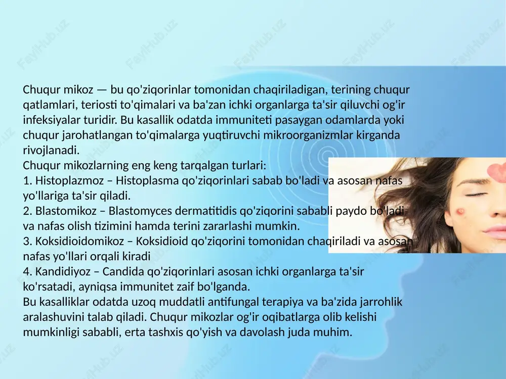 o'l bilan yuqadi. 3. tana suyuqliklari orqali (kamdan-kam hollarda) immuniteti zaif bo'lgan odamlarda, masalan, oiv bilan kasallanganlarda, chuqur mikozlar qonga yoki ichki organlarga tarqalishi mumkin. biroq, bu holatlar odatda birlamchi infeksiya natijasida sodir bo'ladi va insondan insonga yuqishi odatda kuzatilmaydi. 4. ichki organlar orqali qo'ziqorin sporalari nafas yo'llariga kirgandan so'ng, ular o'pka orqali qon oqimiga tarqalishi va ichki organlarga ta'sir qilishi mumkin (disseminatsiyalangan infektsiya). biroq, bu boshqa odamlarga yuqishi bilan bog'liq emas. kimlarda xavf yuqori? immuniteti zaif odamlar: oiv bilan kasallanganlar, immunosupressiv dorilar qabul qiladiganlar yoki organ ko'chirib o'tkazilganlar yuqori xavf ostida. qishloq xo'jaligi ishchilari va qurilishchilar: tuproq va o'simliklar bilan muntazam aloqa qilishlari tufayli, qo'ziqorin sporalari bilan ifloslangan muhitda bo'lish xavfi yuqori. yashash joyi: ba'zi mikozlar ma'lum geografik hududlar bilan bog'liq. masalan, koksidioidomikoz aqshning janubi-g'arbiy qismida keng tarqalgan. infektsiyaning oldini olish uchun tuproq bilan ishlaganda himoya vositalaridan foydalanish va yuqori xavfli hududlarda ehtiyot choralarini ko'rish muhimdir. chuqur mikozlarning klinik …