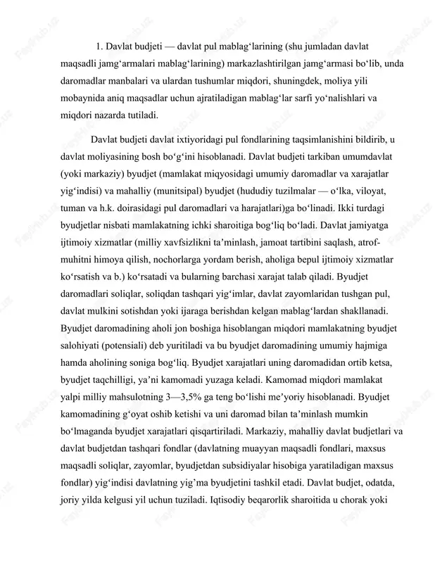 a davlat budjetdan tashqari fondlar (davlatning muayyan maqsadli fondlari, maxsus maqsadli soliqlar, zayomlar, byudjetdan subsidiyalar hisobiga yaratiladigan maxsus fondlar) yigʻindisi davlatning yig’ma byudjetini tashkil etadi. davlat budjet, odatda, joriy yilda kelgusi yil uchun tuziladi. iqtisodiy beqarorlik sharoitida u chorak yoki yarim yilga tuzilishi ham mumkin. davlat budjetini hukumat tuzadi va yuqori qonun chiqaruvchi organ (parlament) tomonidan tasdiqlanadi. budjet xarajatlari – davlat va mahalliy hokimiyat vazifa va faoliyatini moliyaviy ta’minlashga yo‘naltiriladigan pul mablag‘laridir. iqtisodiy mazmuniga ko‘ra davlat budjeti xarajatlari – davlatning markazlashgan pul fondini taqsimlash va ishlatish bilan bog‘liq iqtisodiy munosabatlardir. davlat budjetining xarajat qismi quyidagilardan iborat: - ijtimoiy soha va aholini ijtimoiy qo‘llab-quvvatlash xarajatlari; - nodavlat notijorat tashkilotlarini va fuqarolik jamiyatining boshqa institutlarini davlat tomonidan qo‘llab-quvvatlash xarajatlari; - iqtisodiyot xarajatlari; - markazlashtirilgan investitsiyalarni moliyalashtirish xarajatlari; - davlat hokimiyati va boshqaruvi organlarini, adliya va prokuratura organlarini saqlab turish xarajatlari; - sudlarni saqlab turish xarajatlari; - fuqarolarning o‘zini o‘zi boshqarish organlarini saqlab …