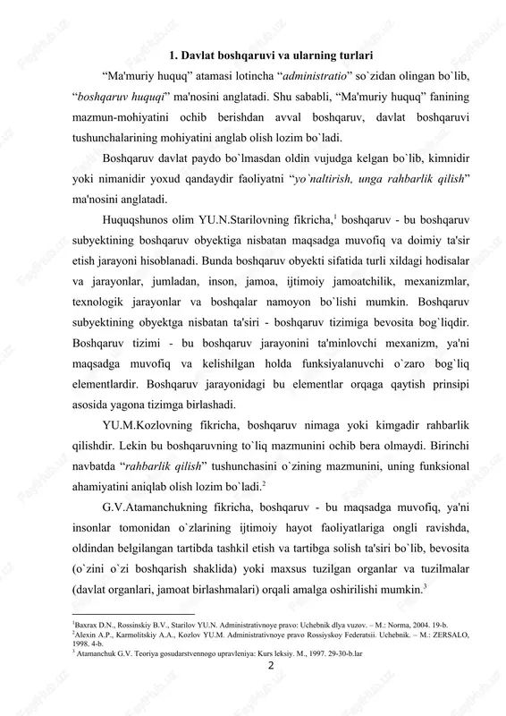 tomonidan o`zlarining ijtimoiy hayot faoliyatlariga ongli ravishda, oldindan belgilangan tartibda tashkil etish va tartibga solish ta'siri bo`lib, bevosita (o`zini o`zi boshqarish shaklida) yoki maxsus tuzilgan organlar va tuzilmalar (davlat organlari, jamoat birlashmalari) orqali amalga oshirilishi mumkin.[footnoteref:3] [3: atamanchuk g.v. teoriya gosudarstvennogo upravleniya: kurs leksiy. m., 1997. 29-30-b.lar] ijtimoiy boshqaruv - umumiy boshqaruvning bir ko`rinishi bo`lib, kibernetika fani orqali tadqiq qilinadi. huquqshunos olim yu.m.kozlovning fikricha, boshqaruv - bu birinchidan, murakkab tizimga maqsadga muvofiq ta'sir etishdir; ikkinchidan, tashkil etilgan turli tabiatli tizim funksiyasidir.[footnoteref:4] [4: alexin a.p., karmolitskiy a.a., kozlov yu.m. administrativnoye pravo rossiyskoy federatsii. uchebnik. – m.: zersalo, 1998. 4-b.] murakkab tizim deganda - turli elementlar yig`indisidan iborat bo`lgan tizim nazarda tutiladi. boshqaruv jarayoni ham aynan mana shunday murakkab harakatchan tizimda o`z ifodasini topadi. u - o`zboshimchalikni bartaraf etish, tashkilotchilikni amalga oshirish, ichki va tashqi omillarning ta'siriga qaramasdan uning sifat jihatdan aniqligini saqlab turish, tizim elementlarini mazkur muhit obyektiv qonuniyatlariga mos kelishini …