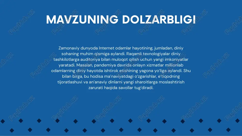 muvaffaqiyatli diniy hisoblarga misollar - rim papasi frensis twitterda (@pontifex): millionlab izdoshlar uning imon, tinchlik va rahm-shafqat haqidagi xabarlariga ergashadilar. - youtube'da islom o'qituvchilari: islomiy masalalar bo'yicha ta'lim kanallari (masalan, muftiy menk). muammolar - dezinformatsiya: dinga oid yolgʻon yoki buzib koʻrsatilgan maʼlumotlarni tarqatish. - radikallashuv: ekstremistlar tomonidan yollash va tashviqot uchun platformalardan foydalanish. diniy tajribani o'zgartirish internet an'anaviy diniy tajribani o'zgartirmoqda: marosimlar onlayn tarzda mavjud bo'lib bormoqda, dindorlar o'rtasidagi muloqot virtual jamoalarda amalga oshiriladi va ruhiy amaliyotlar raqamli muhitga moslashmoqda. biroq, savol tug'iladi: bu formatda ruhiy tajribaning chuqurligi saqlanib qolganmi? maxfiylik va haqiqiylik masalalari - maxfiylik: dindorlarning shaxsiy ma'lumotlari (masalan, onlayn xizmatlarda ishtirok etish) uchinchi shaxslar tomonidan ishlatilishi mumkin. - haqiqiylik: ishtirokchilarning samimiyligini va raqamli diniy amaliyotlarning haqiqiyligini aniqlash qiyin. "haqiqiy" va "virtual" ma'naviyat o'rtasidagi chegara – virtual ma’naviyat munozarali: u an’anaviy diniy urf-odatlarni to‘laqonli almashtiradimi? - ba'zilar virtual marosimlarda "muqaddas mavjudlik" yo'qligiga ishonishadi, boshqalari esa ularni ruhiy rivojlanishning yangi …