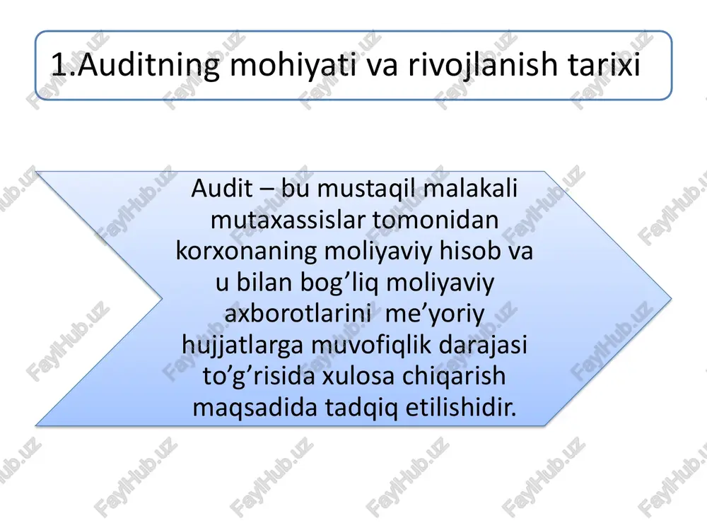qtisodiy tanazzuli katta turtki bo’ldi. bu davrda aksiyadorlik jamiyatlari va boshqa korxonalarning ko’pchiligi inqirozga yuz tutdilar. natijada hisobotlarni, xususan, balans, foyda va zararlar to’g’risidagi hisobot ma’lumotlarini tasdiqlash tartibini qat’iy belgilash, ularning to’g’riligi va haqqoniyligini mustaqil auditorlar tomonidan tekshirish ehtiyoji yuzaga kelgan. • audit xix asr o’rtalarida shotlandiyada ham vujudga kela boshlagan. ingliz temiryo’lchilari, sug’urta va boshqa investorlar shimoliy amerikaga yo’l olishganida ular bilan birga yirik ingliz sarmoyador (kreditor)larining manfaatlarini himoya qiladigan mustaqil taftishchi-auditorlar ham birga borganlar. • 1844 yilda angliyada aksiyadorlik kompaniyalarining buxgalteriya schyotlarini, aksiyadorlarga beriladigan hisobotlarni yiliga kamida bir marta mustaqil buxgalterlar tekshiruvidan majburiy o’tkazilishini talab qiladigan qonunlar chiqarilgan. • dastlab auditorlik vazifalari aniq belgilanmagan bo’lib, barcha investorlar, aksiyadorlar, kreditorlar auditorlarni o’zlarining himoyachisi sifatida qabul qilganlar. • auditorlar haqida ularni aksiyadorlar oldidagi mas’ul shaxslar deb qarash 1929 yilda «kompaniyalar to’g’risidagi qonun» chiqarilishi bilan o’zgardi. ushbu qonunga muvofiq barcha kompaniyalar o’zlarining moliyaviy hisobotlarida foyda va zararlarni majburiy ravishda ko’rsatishlari belgilab …