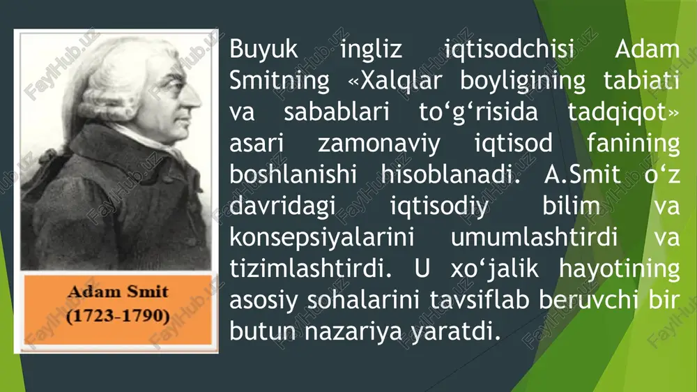 bu fikrni rivojlantirib, mehnat taqsimoti boylikni yaratishda asosiy omil hisoblanadi, degan xulosaga keladi. chunki mehnat taqsimoti asosida uning unumdorligi oshadi. a.smitning ta‘kidlashicha, iqtisodiyotning rivojlanib borishi bilan sanoat tovarlari bahosi pasayib borish moyilligiga, qishloq xo‘jaligi mahsulotlari bahosi esa o‘sish moyilligiga ega. shuning uchun uning fikricha, qishloq xo‘jaligiga qo‘yilgan kapital ancha foydali hisoblanadi. david rikardo (1772–1823) klassik iqtisod maktabining atoqli vakillaridan biri hisoblanadi. 1799-yili d.rikardo a.smitning ―odamlar boyligi ... asarini o‘qib chiqqach, unda birinchi bor siyosiy iqtisodga bo‘lgan jiddiy qiziqish paydo bo‘ladi. shundan keyin u siyosiy iqtisod bilan shug‘ullana boshladi va hammani qiziqtirgan savollarga javob berishga harakat qildi. rikardo: uslub, siyosat, predmet rikardo iqtisodiy ta‘limotlarda o‘zining sof nazariyasi bilan iqtisodiyot rivojlanishiga katta hissa qo‘shgan. u sanoat davriga xos ilmlarni hajm va uslubda abstrakt tahlil orqali ko‘rib chiqdi. rikardo uslubiyoti. d.rikardogacha adam smit siyosiy iqtisodni tahlil qilishda ikkita yo‘nalishda: 1. o‘z davrining iqtisodiyotini deduktiv nazariya orqali. 2. zamonaviy va tarixiy institutlar to‘g‘risidagi tasvir …