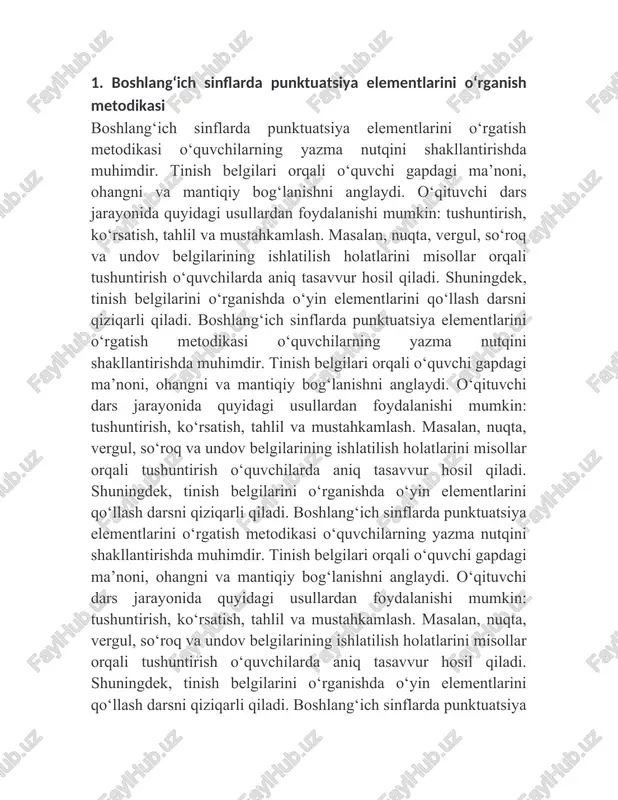 o‘quvchilarda aniq tasavvur hosil qiladi. shuningdek, tinish belgilarini o‘rganishda o‘yin elementlarini qo‘llash darsni qiziqarli qiladi. boshlang‘ich sinflarda punktuatsiya elementlarini o‘rgatish metodikasi o‘quvchilarning yazma nutqini shakllantirishda muhimdir. tinish belgilari orqali o‘quvchi gapdagi ma’noni, ohangni va mantiqiy bog‘lanishni anglaydi. o‘qituvchi dars jarayonida quyidagi usullardan foydalanishi mumkin: tushuntirish, ko‘rsatish, tahlil va mustahkamlash. masalan, nuqta, vergul, so‘roq va undov belgilarining ishlatilish holatlarini misollar orqali tushuntirish o‘quvchilarda aniq tasavvur hosil qiladi. shuningdek, tinish belgilarini o‘rganishda o‘yin elementlarini qo‘llash darsni qiziqarli qiladi. boshlang‘ich sinflarda punktuatsiya elementlarini o‘rgatish metodikasi o‘quvchilarning yazma nutqini shakllantirishda muhimdir. tinish belgilari orqali o‘quvchi gapdagi ma’noni, ohangni va mantiqiy bog‘lanishni anglaydi. o‘qituvchi dars jarayonida quyidagi usullardan foydalanishi mumkin: tushuntirish, ko‘rsatish, tahlil va mustahkamlash. masalan, nuqta, vergul, so‘roq va undov belgilarining ishlatilish holatlarini misollar orqali tushuntirish o‘quvchilarda aniq tasavvur hosil qiladi. shuningdek, tinish belgilarini o‘rganishda o‘yin elementlarini qo‘llash darsni qiziqarli qiladi. [1] 2. boshlang‘ich sinflarda orfografiyani o‘rganish metodikasi orfografiya – bu so‘zlarni to‘g‘ri yozish …