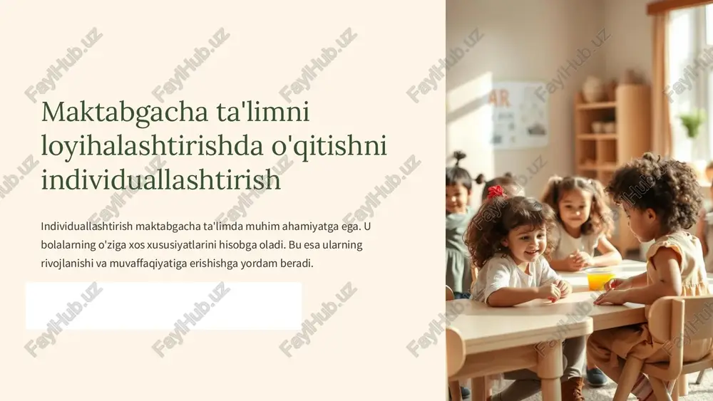 tm_source=made-with-gamma preencoded.png o'qituvchining roli 1 kuzatish 2 rejalashtirish 3 qo'llab-quvvatlash o'qituvchi bolalarni kuzatishi va ularning ehtiyojlarini aniqlashi kerak. u individual ta'lim rejalashtirishi zarur. https://gamma.app/?utm_source=made-with-gamma preencoded.png ota-onalarning ishtiroki 1 hamkorlik 2 xabardor qilish 3 ishtirok etish ota-onalar bilan hamkorlik qilish muhim ahamiyatga ega. ularni bolalarning rivojlanishi haqida xabardor qilish zarur. https://gamma.app/?utm_source=made-with-gamma preencoded.png muammolar va yechimlar qiyinchiliklar • resurslar etishmasligi • vaqt cheklanishi yechimlar • resurslarni optimallashtirish • vaqtni to'g'ri taqsimlash https://gamma.app/?utm_source=made-with-gamma preencoded.png xulosa individuallashtirish maktabgacha ta'limda muhim ahamiyatga ega. u bolalarning rivojlanishi va muvaffaqiyatiga erishishda muhim o'rin tutadi. kelajakda bu sohada tadqiqotlar olib borish zarur. https://gamma.app/?utm_source=made-with-gamma slide 1 slide 2 slide 3 slide 4 slide 5 slide 6 slide 7 slide 8 slide 9 slide 10 slide 11