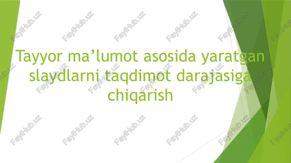 xnologiyalarining asosiy afzalliklari va xususiyatlariga quyidagilar tegishli: -bitta axborot tashuvchisida katta hajmli turli ma‘lumotlarni saqlash imkoniyati; -ekranda tasvirni yoki uning ayrim fragmentlarini kattalashtirish imkoniyati. (rejim ―lupa‖); -tasvirlarni taqqoslash va turli dasturiy vositalar yordamida ularni qayta ishlash; -film va videotasmalardagi videofragmentlardan va ―stop-kadr‖ effektlaridan foydalanish; -ma‘lumotlar omborini disk mundarijasiga kiritish, obrazlarning qayta ishlash usullari va animatsiya imkoniyatlari; -internet tarmog’iga ulanish imkoniyati; -turli matn, grafika va tovush muharrirlari va kartografik ma‘lumotlar bilan ishlash imkoniyatlari; -avtomatik ravishda dasturiy mahsulotning umumiy mundarijasini ko’rib chiqish (―slayd-shou) yoki animatsiya va tovush bilan ta‘minlangan ―yo’l boshlovchi, ya‘ni ―”gid”‖ni yaratish. hozirgi vaqtda multimedia texnologiyalari inson faoliyatining biznes, ta‘lim, tibbiyot va boshqa shu singari turli sohalarida qo’llanilishini ko’rish mumkin. ushbu faoliyat yo’nalishlarida multimedia mahsulotlarini yaratish uchun keng ko’lamdagi dasturiy mahsulotlar mavjud. power point prezentasion (taqdimot) grafikli dastur qatoriga kiradi. bu dastur o’zida matnlar, rasmlar, sxemalar, grafiklar, animasiya effektlari, ovoz, videokliplardan iborat bo’lgan slaydlar hosil qilish imkonini beradi. slaydlar ketma-ketligidan …