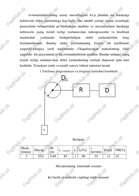 i, turli xildagi guruhlarini potensial resurslari baholashni o`rgatish. avtomatlashtirishning asosiy muvaffaqiyati ko‘p jihatdan uni harakatga keltiruvchi elektr yuritmalarga bog‘liqdir. shu sababli xozirgi zamon texnologik jarayonlarni boshqarishda qo‘llaniladigan mashina va mexanizmlarni harakatga keltiruvchi yopiq tizimli tezligi rostlanuvchan mikroprsesorlar va hisoblash mashinalari yordamida boshqariladigan elektr yuritmalaridan keng foydalanilmoqda. bunday elektr yuritmalarning foydali ish koeffisienti yuqoridir,energiya isrofi minimumdir. chiqarilayotgan mahsulotning sifati yuqoridir. ish jarayoninini to‘liq avtomatlashtirish mumkin. bundan tashqari yopiq tizimli tezligi rostlanuvchan elektr yuritmalarning rostlash diapazoni juda ham kichikdir. tizimlarni statik va astatik xatosiz ishlash imkonini beradi. 1.yuklama diagrammasi va dvigatel tanlashni hisoblash berilgan: myuk [tonna] mm kg db [m] ir o'zgaradi i η [%] v [m/min] h [m] pv[%] 3 25,0 0,49 85 1 80 25 12 15 mexanizmning kinematik sxemasi ko’tarish va tushirish vaqtidagi statik moment: mn ii rgmm m nr bmyuk tarkos        918,106 1858,0 245,081,9)253000()( '.  mn ii rgmm m nr …