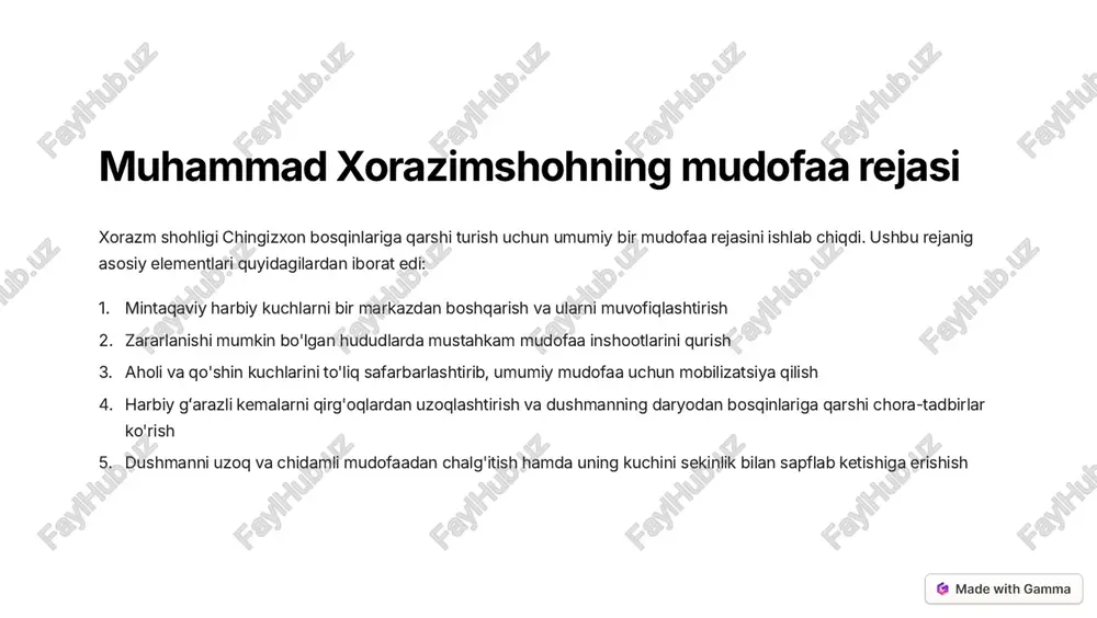 laridan biri muhammad xorazimshohning o'g'li jaloliddinga qarshi harbiy harakatlarni boshlash edi. shu sababli chingizxon avvalo o'tror shahrini qamal qilishga kirishdi. o'tror shahri strategik jihatdan juda muhim harbiy punkti edi, chunki bu shahar xorazm qo'shinlari uchun asosiy qo'rg'on vazifasini o'tardi. natijada, chingizxon o'trorni uzoq muddatli qamalga oldi va oxir-oqibat shaharga kirish uchun uzoq kurashlarga majbur bo'ldi. https://gamma.app/?utm_source=made-with-gamma buxoro mudofaasi chingizxon o'trorni ishg'ol qilib bo'lganidan so'ng, xorazm poytaxti buxoroga yurish boshladi. buxoroda muhammad xorazimshoh qo'shinlari kuchli mudofaani tashkil etdilar. buxoro shahrining istinoiy devorlar, qal'a va kanallar bilan mustahkamlanib, ko'p sonli qo'shinlar bilan himoya qilinishi chingizxon qo'shinlarini to'xtatib turdi. janglar natijasida buxoro xarobagariga aylandi, ammo shaharda kuchli qarshilik tufayli chingizxon qo'shinlari to'liq g'alaba qozona olmadi. https://gamma.app/?utm_source=made-with-gamma samarqand mudofaasi buxoroni ishg'ol qilishdan so'ng, chingizxon samarqand ustiga yurish boshladi. samarqand ham o'xşash tarzda xorazm qo'shinlari tomonidan qattiq himoya qilinar edi. shahardagi kuchli mudofaa tufayli chingizxon qo'shinlari hech qanday yutuqqa erishmadilar va oqibatda samarqandni qamal qilish …