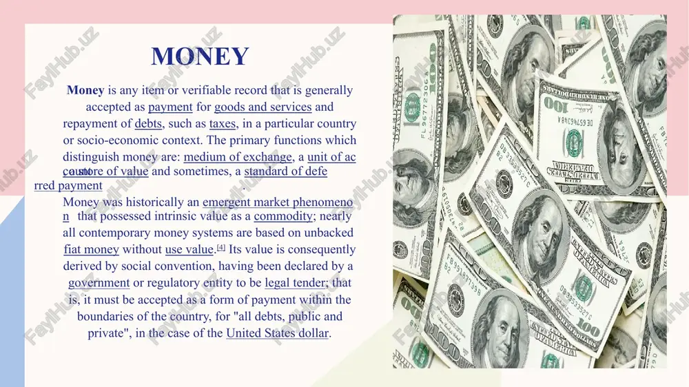 its role as a medium of exchange requires it to circulate. 3 4 the functions of money are that it is a medium of exchange, a unit of account, and a store of value. to fulfill these various functions, money must be: fungible: its individual units must be capable of mutual substitution (i.e., interchangeability). durable: able to withstand repeated use. divisible: divisible to small units. portable: easily carried and transported. acceptable: most people must accept the money as payment scarce: its supply in circulation must be limited. effektivnie metodi prezentatsii 5 eto moshniy instrument dlya vistupleniy pered slushatelyami. on pozvolyaet menyat intonatsiyu, ton i gromkost, chtobi virazit chuvstva, podcherknut opredelennie momenti i uderjivat interes auditorii. variatsii intonatsii variatsii tona upravlenie gromkostyu effektivniy yazik tela uluchshaet vashe soobshenie, delaya ego bolee effektnim i zapominayushimsya. osmislenniy zritelniy kontakt tselenapravlennie jesti xoroshaya osanka upravlenie virajeniem litsa povestka vstuplenie ukreplenie uverennosti v sebe vovlechenie …