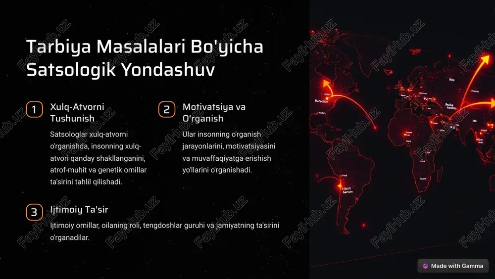 muvaffaqiyatga erishishga yordam berish motivatsiyani rivojlantirish o'ziga ishonchni shakillantirish https://gamma.app/?utm_source=made-with-gamma satsologik yondashuv va zamonaviy tarbiya muammolari 1 globalizatsiya globalizatsiya o'quvchilarni turli madaniyatlar bilan tanishtiradi, bu esa yangi muammolarni keltirib chiqarishi mumkin. 2 texnologiya texnologiyadagi tezda rivojlanish o'quvchilarda o'rganish va ijtimoiylashish usullarini o'zgartirdi. 3 ijtimoiy muammolar ijtimoiy tengsizlik, zo'ravonlik, giyohvandlik kabi muammolar o'quvchilarga salbiy ta'sir qilishi mumkin. https://gamma.app/?utm_source=made-with-gamma satsolog olimlarning tarbiya nazariyasidagi xissalari o'rganish nazariyalari satsolog olimlar o'rganish nazariyalariga, jumladan, bilimlarni qabul qilish, xotira va muammolarni hal qilish jarayonlarini o'rganishga katta hissa qo'shdilar. motivatsiya nazariyalari ular insonning xatti-harakatlarini, motivatsiyasini va maqsadlarga erishishini tushunishga qaratilgan nazariyalarni ishlab chiqdilar. ijtimoiylashtirish nazariyalari ijtimoiylashtirish nazariyalari, insonning jamiyatga moslashish, qadriyatlarni qabul qilish va ijtimoiy rollarni o'ynash jarayonlarini o'rganadi. https://gamma.app/?utm_source=made-with-gamma tarbiya jarayonida satsologik yondashuv samaradorligi o'rganishda muvaffaqiyat o'rganish jarayonini o'zgartirish, o'quvchilarning qiziqishini oshirish va o'rganishda muvaffaqiyatga erishishga yordam beradi. muammolarni hal �ilish muammolarni hal qilish qobiliyatini rivojlantirish, o'quvchilarni mustaqil fikrlash va muammolarni echishga undaydi. ijtimoiy moslashish ijtimoiy …