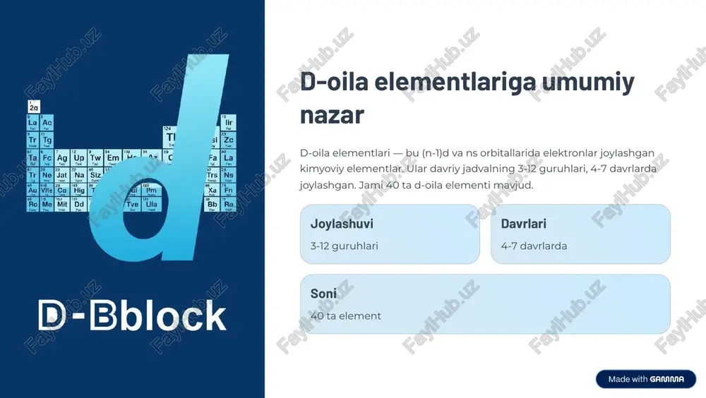 va energiya qiymati pasaytirad1. haber-bosch jarayoni temir katalizatori miqdorida ammiak sintezi kontakt jarayoni vanadiy oksidi schwefel dioksidi konvertatsiyasida avtomobil katalitorlari platina halogens zaharli gazlarni neytral qiladi https://gamma.app/?utm_source=made-with-gamma qotishmalarda d-oila elementlarining roli muhim qotishmalar pola: fe + c bronza: cu + sn monel: ni + cu titan jotoqlari: ti + al margantseyli pola: fe + mn https://gamma.app/?utm_source=made-with-gamma d-oila elementlarining tibbiyot va texnologiyadagi qo'llanilishi tibbiyot temir 4 qonning tarkibida. kobalt radiatsiyada. molibden rentgen filtrlarida. elektronika mis sim o'tkazuvchanlikda. germaniy va galliy yarim o'tkazuvchilar. ilm-fan platina laboratoriya uskunalarida. reniyliy termoelemenlari. energetika molibden reaktorlarda. titan shartnomalar. https://gamma.app/?utm_source=made-with-gamma kelajakdagi istiqbollar va yangi tadqiqotlar yangi d-oila komplekslarining sintezi amaliy ilovalarni kengaytiradi. nanotehnologiya, eko-energetika va biotexnologiyada d-oila elementlarining roli o'sib bormoqda. superedukli va kvantum hisoblashda yangi istiqbollar. nanomateriallar d-oila nanobodiqlari ilmiy muammolari hal qiladi biomeditsina kompleks markazlari yangi dorilar yaratadi sustainable energiya elektrokatalitik jarayonlar taraqqiy qilmoqda https://gamma.app/?utm_source=made-with-gamma xulosa va asosiy xulosalar asosiy naqta d-oila elementlari modern madaniyatning …