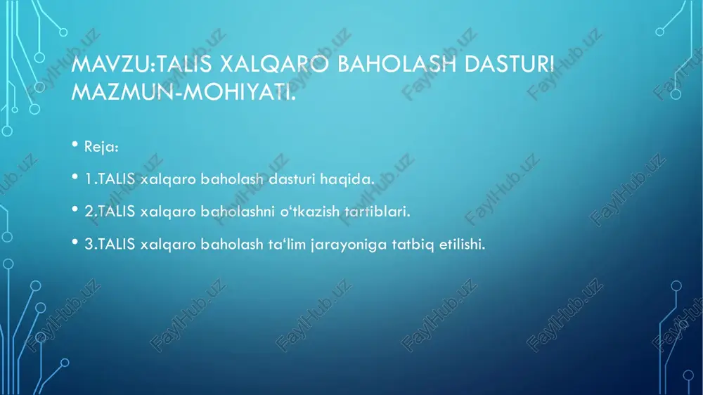 holatlar yuzasidan paydo bolgan savollarga javob berish kerakligini juda ham muhimligini takidladi.talis dasturining umumiy maqsadiishtirokchi mamlakatlarga samarali oqitish va organish uchun shart-sharoitlar yaratishga qaratilgan talim siyosatini ishlab chiqishda yangi ustuvor yonalishlarni korib chiqish va aniqlash imkonini beradigan ishonchli, dolzarb va qiyosiy malumotlar taqdim etishdan iborat. tadqiqotlar maktab oqituvchilari va direktorlariga nafaqat milliy, balki xalqaro darajada oz fikrini bildirish imkonini beradi. unda, talim muassasalaridagi ahvol, oqituvchilarning faoliyatidagi muammolar tizimli tahlil qilinib, natijalar individual tarzda emas, balki reprezentativlik tamoyili asosida davlatlar va xalqaro miqyosda solishtirma tahlillar olib boriladi.oqituvchilar, maktab rahbarlari va oqitishning ishonchli korsatkichlarini ishlab chiqish, vaqt otishi bilan ozgarishlar yoki izchilliklar boyicha haqiqiy xalqaro taqqoslashlar va istiqbollarni taminlashdan iboratdir. ushbu korsatkichlarning tahlillarini talqin qilish talim siyosati va amaliyoti bilan bogliq manfaatdor tomonlarning uch guruhiga yonaltirilgan: ( ularga oqituvchilik kasbini rivojlantirishga komaklashuvchi siyosatni korib chiqish va ishlab chiqishga yordam berish hamda samarali oqitish va organish uchun yaxshi sharoit yaratish. ( oqituvchilar, maktab …