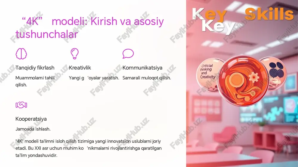 raqqiyotni baholash. “4k” modelini amaliyotga tatbiq etish misollari 1 loyiha asosidagi ta’ lim talabalar real loyihalar ustida ishlaydi. 2 muammo asosidagi ta’ lim murakkab muammolarni hal qilish. 3 hamkorlikdagi o ‘qitish guruhlarda ishlashga urg ‘u beriladi. 4 ijodiy vazifalar yangi g ‘oyalar yaratish rag ‘batlantiriladi. "4k" modelini amaliyotga tatbiq etish talabalarning ko ‘nikmalarini real hayotiy vaziyatlarda qo ‘llashga yordamberadi. bu ularning kelajakdagi muvaffaqiyati uchun poydevor yaratadi. xulosa va kelajakdagi rejalar o ‘quv dasturlarini yangilash 4k ko ‘nikmalarini integratsiya qilish. o ‘qituvchilarni tayyorlash yangi uslublarni o ‘rgatish. innovatsiyani qo ‘llab-quvvatlash ta’ limda kreativlikni rag ‘batlantirish. "4k" modeli ta'lim tizimini xxi asr talablariga moslashtirish uchun muhim vositadir. bu kelajak avlodlarni muvaffaqiyatga erishishga tayyorlashda yordam beradi. kelajakda bumodelni yanada kengroq joriy etishni rejalashtirmoqdamiz.