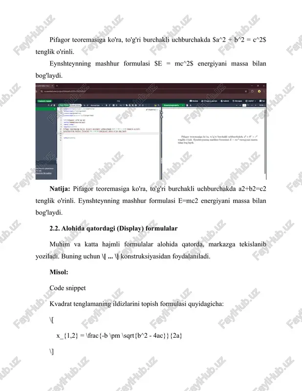 mli formulalar alohida qatorda, markazga tekislanib yoziladi. buning uchun \[ ... \] konstruksiyasidan foydalaniladi. misol: code snippet kvadrat tenglamaning ildizlarini topish formulasi quyidagicha: \[ x_{1,2} = \frac{-b \pm \sqrt{b^2 - 4ac}}{2a} \] bu yerda $d = b^2 - 4ac$ ifoda diskriminant deb ataladi. 2.3. raqamlangan tenglamalar ilmiy maqola va hisobotlarda formulalarga murojaat qilish uchun ular raqamlanadi. buning uchun equation muhitidan foydalaniladi. misol: code snippet \begin{equation} \int_{-\infty}^{\infty} e^{-x^2} dx = \sqrt{\pi} \end{equation} natija: ushbu formula avtomatik ravishda (1) deb raqamlanadi va unga keyinchalik matnda havola qilish mumkin bo'ladi. 3. formulalarning asosiy elementlari 3.1. daraja (^) va indeks (_) ko'rsatkichlari · daraja: ^ belgisi yordamida yoziladi. misol: $x^2$, $e^{i\pi}$. · indeks: _ belgisi yordamida yoziladi. misol: $x_1$, $a_{ij}$. muhim qoida: agar daraja yoki indeks bittadan ortiq belgidan iborat bo'lsa, ular { ... } figurali qavslar ichiga olinishi shart. misol: code snippet to'g'ri: $x^{10}$, $x_{ij}$, $c_{n}^{k}$ noto'g'ri: $x^10$ (faqat '1' darajada chiqadi), $c_n^k$ …