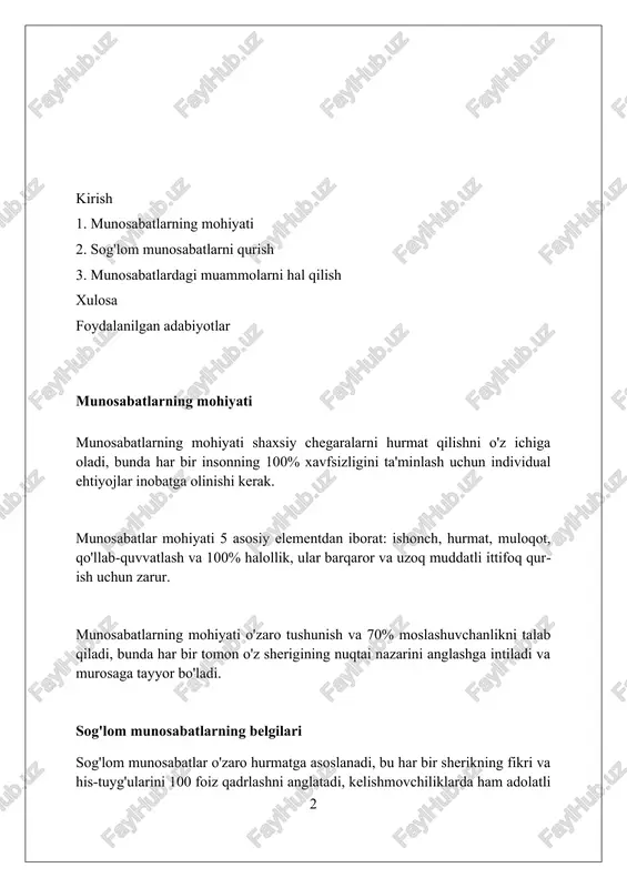 b kelishi mumkin. muloqotning ahamiyati muloqot orqali 70% gacha bo'lgan muammolar hal bo'ladi, chunki u o'zaro tushunish va fikr almashish imkoniyatini beradi. muloqot stressni kamaytirishga yordam beradi, tadqiqotlar shuni ko'rsatadiki, 60% gacha odamlar suhbatdan keyin o'zini yaxshi his qiladi. muloqot 85% dan ortiq holda munosabatlarning mustahkamligini ta'minlaydi, chunki u ishonch va ochiqlikni rivojlantiradi. ishonch va hurmat ishonch, munosabatlarda fundamental bo'lib, shaffoflik, halollik va 100% sodiqlikni o'z ichiga oladi; bu ikki tomon o'rtasidagi mustahkam aloqani ta'minlaydi. hurmat, boshqa shaxsning fikri, his-tuyg'ulari va chegaralarini tan olishni anglatadi; bu, ayniqsa, qiyin paytlarda 99% ahamiyatga ega. ishonch va hurmat o'zaro bog'liq bo'lib, munosabatlarda 2 komponent sifatida bir-birini to'ldiradi; hurmatsiz ishonch qiyin, ishonchsiz hurmat esa soxta bo'lishi mumkin. mojarolarni hal qilish usullari muloqotning samarali usullari, masalan, 'men' bayonotlaridan foydalanish, o'z his-tuyg'ularingizni ifodalashga yordam beradi, boshqalarni ayblashdan saqlanib, tushunishni rag'batlantiradi. bu, 80% muvaffaqiyatga olib keladi. faol tinglash texnikasi, jumladan, 100% e'tibor berish va qaytarish, bir-birining nuqtai …