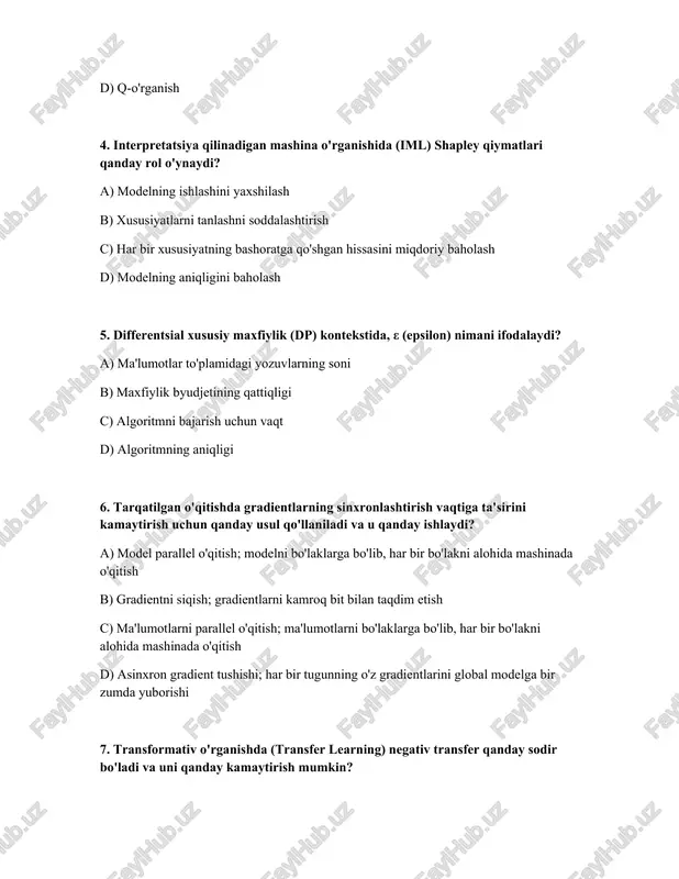 allel o'qitish; ma'lumotlarni bo'laklarga bo'lib, har bir bo'lakni alohida mashinada o'qitish d) asinxron gradient tushishi; har bir tugunning o'z gradientlarini global modelga bir zumda yuborishi 7. transformativ o'rganishda (transfer learning) negativ transfer qanday sodir bo'ladi va uni qanday kamaytirish mumkin? a) target domen manba domenidan ancha katta bo'lganda; ko'proq ma'lumotlar yig'ish orqali b) manba domen va target domen o'rtasida sezilarli farqlar bo'lganda; domen moslashuvi usullari orqali c) o'qitish tezligi juda yuqori bo'lganda; o'qitish tezligini kamaytirish orqali d) model haddan tashqari o'rganganida; muntazamlashtirish texnikalaridan foydalanish orqali 8. qaysi tushuncha bir nechta turli xil ko'rinishlarda taqdim etilgan ma'lumotlardan o'rganishga imkon beradi, masalan, matn, rasm va audio? a) metani o'rganish b) ko'p modalli o'rganish c) kuchli o'rganish d) o'z-o'zidan nazorat qilinadigan o'rganish 9. sun'iy intellektda qanday usul agentlar guruhiga murakkab muammolarni hal qilish uchun hamkorlik qilishga imkon beradi, ko'pincha jamiyatdagi hasharotlar xatti-harakatidan ilhomlangan? a) guruh intellekti b) genetik algoritmlar c) sun'iy neyron tarmoqlar …