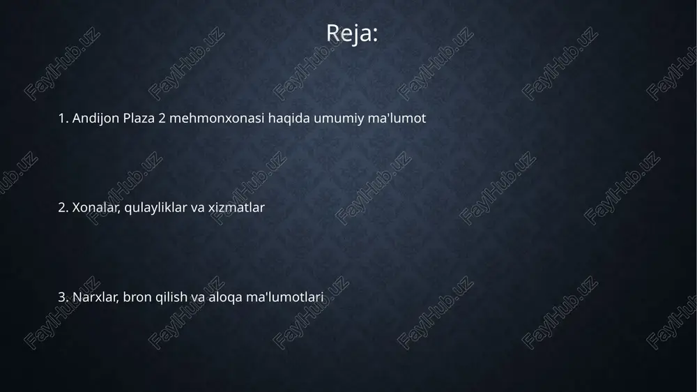 s xonalar esa 500 000 so'mgacha yetishi mumkin. mehmonxona andijon shahrining markaziy qismida, bobur shoh ko'chasi 77-uyda joylashgan bo'lib, bu joy aeroportdan taxminan 10 daqiqa va shahar bozoridan 5 daqiqa uzoqlikda joylashgan. e'tiboringiz uchun rahmat @taqdimot_robot image2.png