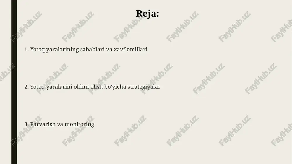 ish, 2-bosqichda esa nam muhitni saqlash va 3-4-bosqichlarda jarrohlik davosi ko'rib chiqiladi. parvarish qoidalariga bemorni har 2 soatda o'girish, teri tozaligini saqlash va ortiqcha namlikni oldini olish, to'g'ri ovqatlanish, suv ichish, va tana vaznini nazorat qilish kiradi. e'tiboringiz uchun rahmat @taqdimot_robot image1.png