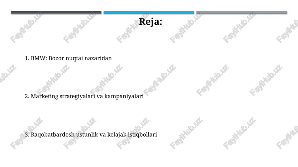 va dizayn bilan ajralib turadi, ularning narxi esa 40,000 dollardan boshlanadi. narx: bmw premium brend sifatida o'z mahsulotlarini raqobatchilardan yuqori narxlarda sotadi, lekin bu narx sifati va imidjini aks ettiradi, 50,000 dollargacha bo'lishi mumkin. raqobatchilar tahlili raqobat tahlili bmw uchun mercedes-benz va audi kabi kompaniyalarni, ularning narxlash strategiyalari, 2023-yilgi sotuv ko'rsatkichlari va yangi texnologiyalarini baholashni o'z ichiga oladi. bmw raqobatchilar tahlilida lexus va porsche kabi brendlarning marketing kampaniyalari, ularning 360 darajali reklama strategiyalari hamda mijozlar bilan o'zaro ta'sir usullari o'rganiladi. marketing kampaniyalari va natijalari bmw'ning 'the ultimate driving machine' kampaniyasi 1970-yillarda boshlanib, brendning ishlashga e'tiborini kuchaytirdi. bu premium segmentdagi pozitsiyasini mustahkamlashga yordam berdi. 2001-yilda ishga tushirilgan bmw films seriyasi internetda qisqa metrajli filmlarni o'z ichiga olgan. bu brendning innovatsiyalarga sodiqligini ko'rsatdi va raqamli marketingda katta muvaffaqiyatga erishdi. kelajakdagi marketing istiqbollari bmw uchun kelajak marketingi, 2025 yildan boshlab, avtonom haydash funksiyalari va premium xizmatlarga urg'u bergan holda, ma'lumotlarga asoslangan shaxsiylashtirishni kuchaytiradi. …