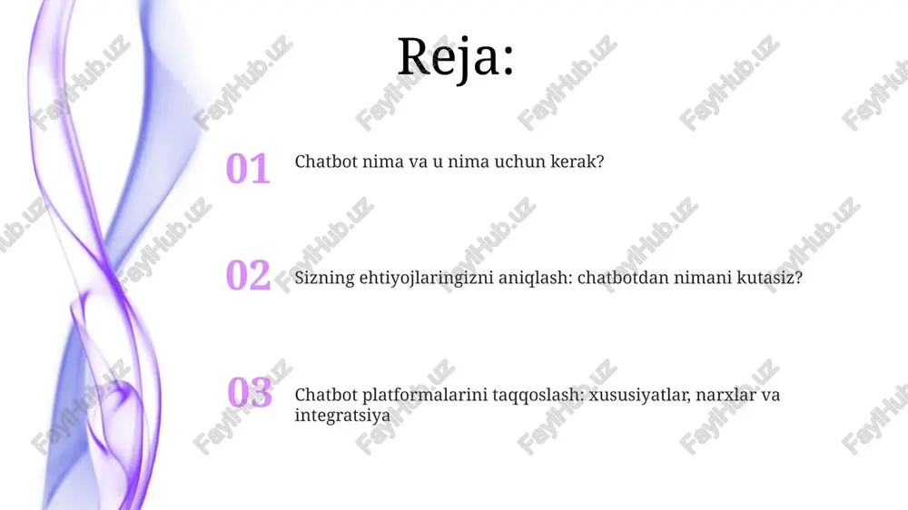 omatlashtirish platformalari va boshqa biznes vositalaringiz bilan chatbotning 2-o'zaro aloqasi muhim ahamiyatga ega. e'tiboringiz uchun rahmat @taqdimot_robot image1.jpeg image2.jpeg image3.jpeg