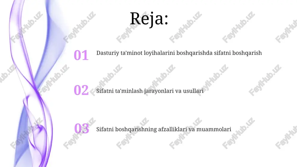 iyasi orqali o'lchash mumkin. sifatni o'lchashda defektlar zichligi (masalan, 1000 qator kodga 3 ta xato) va mijozlar ehtiyojlariga javob berish darajasi 95% kabi ko'rsatkichlar ishlatiladi. e'tiboringiz uchun rahmat @taqdimot_robot image4.png image1.jpeg image2.jpeg image3.jpeg