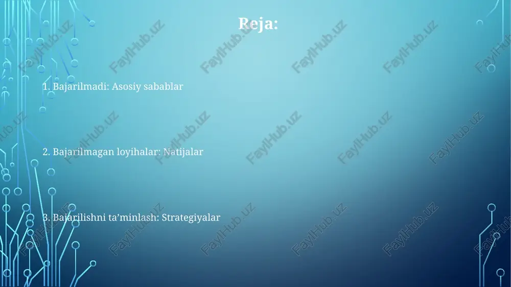 sh strategiyasini ishlab chiqish muhim, bunda 5 ta eng muhim xavfni aniqlash va ularni kamaytirish uchun 3 ta profilaktik chora ko'rish zarur. e'tiboringiz uchun rahmat @taqdimot_robot image3.png image1.png image2.png