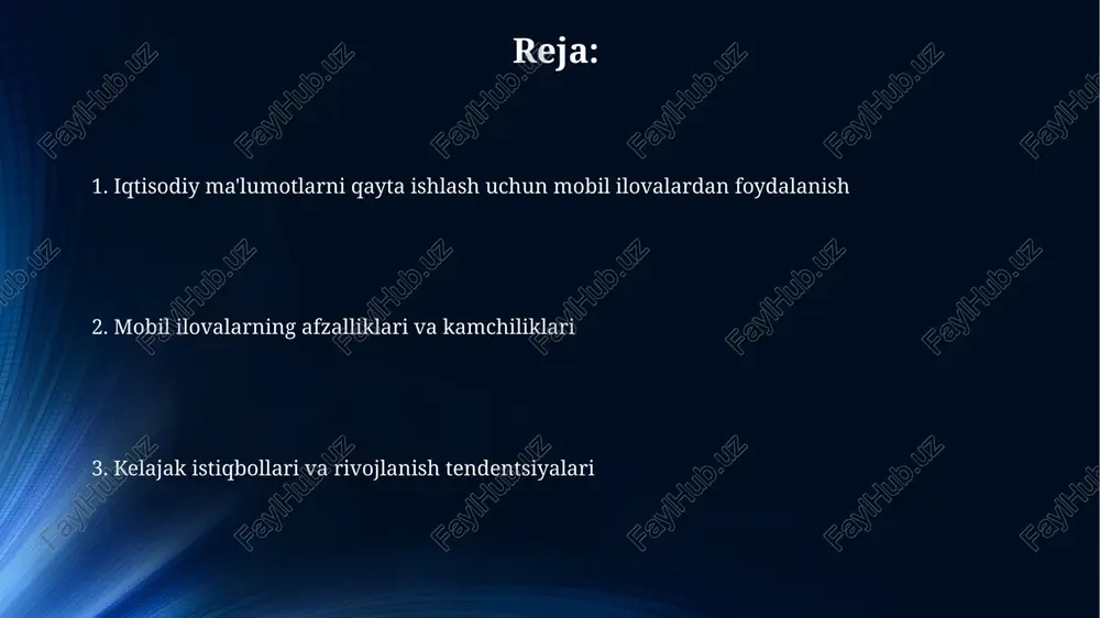 lish imkonini beradi. prognozlashda mobil ilovalar, masalan, arima modellari va 10 yillik ma'lumotlar asosida kelajakdagi iqtisodiy o'sishni bashorat qilish uchun ishlatiladi, bu xatarlarni minimallashtiradi. e'tiboringiz uchun rahmat @taqdimot_robot image4.jpeg