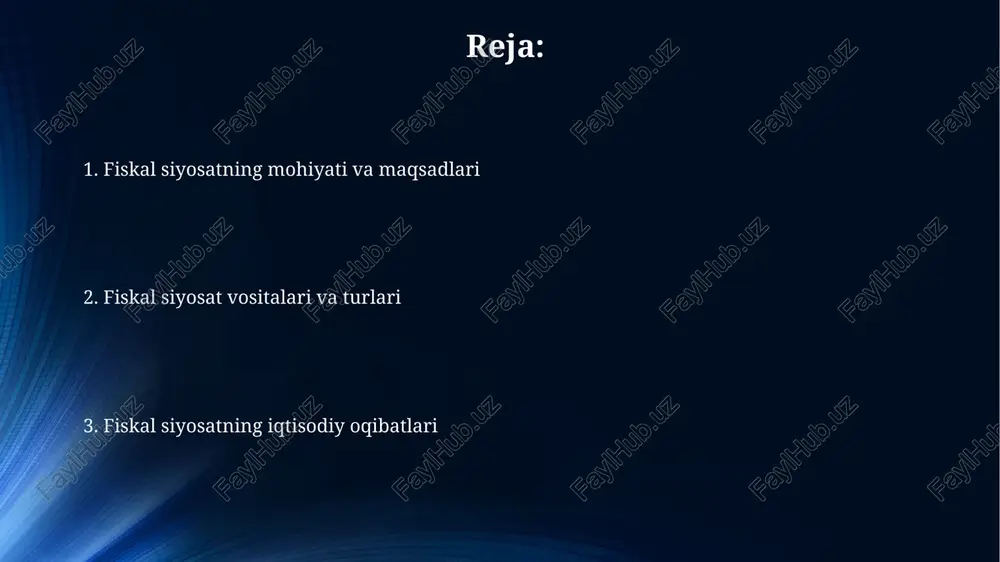 l etdi. ular infratuzilma, ta'lim va sog'liqni saqlashni moliyalashtirish uchun muhim ahamiyatga ega. soliq stavkalari progressiv, regressiv yoki yassi bo'lishi mumkin. o'zbekistonda jismoniy shaxslardan olinadigan daromad solig'i (jshods) 12% yassi stavkada olinadi, bu esa daromadga bog'liq emas. byudjet siyosati byudjet siyosati davlat xarajatlari va soliq siyosatini o'z ichiga oladi, makroiqtisodiy barqarorlikni ta'minlash uchun yaimning 3-5% gacha defitsit maqsadini ko'zlaydi. soliq imtiyozlari va subsidiyalar kabi fiskal vositalar orqali resurslarni samarali taqsimlash, inflyatsiyani 2 foizdan past darajada ushlab turishga qaratilgan. fiskal siyosat turlari rag'batlantiruvchi fiskal siyosat, iqtisodiy o'sishni tezlashtirish uchun soliqlar qisqartirilishi yoki davlat xarajatlari oshirilishini o'z ichiga oladi, masalan, 2008-yilgi iqtisodiy inqirozga qarshi choralar. cheklovchi fiskal siyosat, inflyatsiyani nazorat qilish uchun soliqlar oshirilishi yoki davlat xarajatlari kamaytirilishini anglatadi, bunda davlat qarzi va byudjet taqchilligini kamaytirishga e'tibor qaratiladi. fiskal siyosatning iqtisodiyotga ta'siri fiskal siyosat, davlat xarajatlari va soliqlar orqali yalpi talabni o'zgartirib, real yaimni 2-3% ga o'zgartirishi mumkin, bu esa ishsizlikni kamaytiradi. …