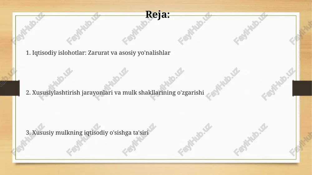 sish 5-7 foizga oshganligi kuzatilgan. mulkni xususiylashtirish bozor samaradorligini oshiradi, narx mexanizmlari orqali resurslarni 20-30 foizga optimal taqsimlashga yordam beradi. e'tiboringiz uchun rahmat @taqdimot_robot image7.png image3.png image4.png