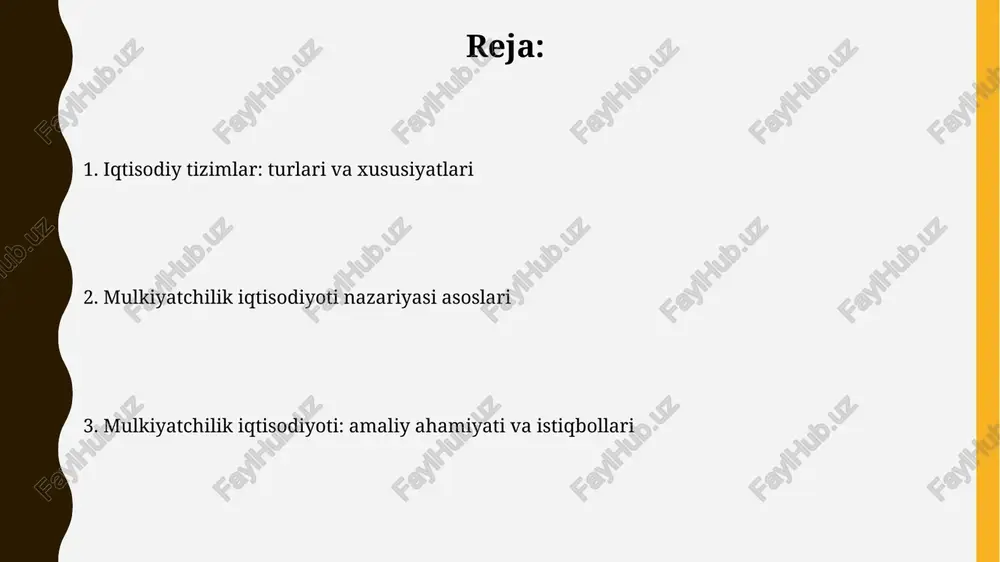 or rivojlanishga hissa qo'shadi. mulkchilik iqtisodiyotining afzalliklari va kamchiliklari mulkiy egalik iqtisodiyoti xususiy mulkdorlarga ko'proq erkinlik berib, resurslarni samarali boshqarishga imkon yaratadi, lekin tengsizlikning ortishiga va ijtimoiy adolat buzilishiga olib kelishi mumkin. ushbu tizimda riskni o'z zimmasiga olgan tadbirkorlar innovatsiyalarni rivojlantiradi va yangi ish o'rinlarini yaratadi, lekin bozor tebranishlari ta'sirida beqarorlik yuzaga kelishi ehtimoli yuqori. amaliy misollar va tadqiqotlar xususiylashtirish bo'yicha tadqiqotlar 1990-yillarda davlat korxonalarining samaradorligini 15-25 foizga oshirganini ko'rsatdi, bu xususiy mulkka o'tishning iqtisodiy o'sishga ta'sirini namoyon etadi. de soto tadqiqotlari mulk huquqlarining yo'qligi informal sektorning 70-80 foizini tashkil etishiga olib kelishini ko'rsatdi, bu iqtisodiy faoliyatni rasmiylashtirish zarurligini ta'kidlaydi. xulosa va kelajakdagi istiqbollar kelajakda, mulkchilik iqtisodiyoti kapitalning 2.0 modellarini rivojlantirishi, resurslardan samarali foydalanishni 30 foizga oshirishi mumkin. tahlillar shuni ko'rsatadiki, mulkchilik iqtisodiyotini joriy etish bilan korxonalarning daromadliligi 15-20 foizga o'sishi kutilmoqda. e'tiboringiz uchun rahmat image1.png image2.jpg image3.jpg image4.jpg image5.jpg image6.jpg image7.jpg image8.jpg