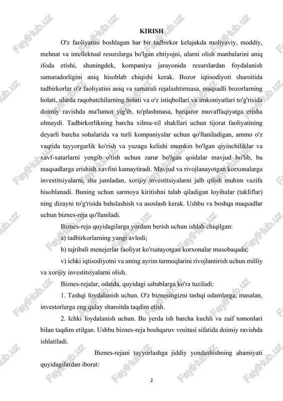 arur bo'lgan qoidalar mavjud bo'lib, bu maqsadlarga erishish xavfini kamaytiradi. mavjud va rivojlanayotgan korxonalarga investitsiyalarni, shu jumladan, xorijiy investitsiyalarni jalb qilish muhim vazifa hisoblanadi. buning uchun sarmoya kiritishni talab qiladigan loyihalar (takliflar) ning dizayni to'g'risida bahslashish va asoslash kerak. ushbu va boshqa maqsadlar uchun biznes-reja qo'llaniladi. biznes-reja quyidagilarga yordam berish uchun ishlab chiqilgan: a) tadbirkorlarning yangi avlodi; b) tajribali menejerlar faoliyat ko'rsatayotgan korxonalar musobaqada; v) ichki iqtisodiyotni va uning ayrim tarmoqlarini rivojlantirish uchun milliy va xorijiy investitsiyalarni olish. biznes-rejalar, odatda, quyidagi sabablarga ko'ra tuziladi: 1. tashqi foydalanish uchun. o'z biznesingizni tashqi odamlarga, masalan, investorlarga eng qulay sharoitda taqdim etish. 2. ichki foydalanish uchun. bu yerda ish barcha kuchli va zaif tomonlari bilan taqdim etilgan. ushbu biznes-reja boshqaruv vositasi sifatida doimiy ravishda ishlatiladi. biznes-rejani tayyorlashga jiddiy yondashishning ahamiyati quyidagilardan iborat: 1. bugungi kunda tadbirkorlik faoliyatiga tobora ko'p odamlar qo'shilmoqda, ularning aksariyati uning mohiyati to'g'risida kam tasavvurga ega. ularning aksariyati hech qachon …