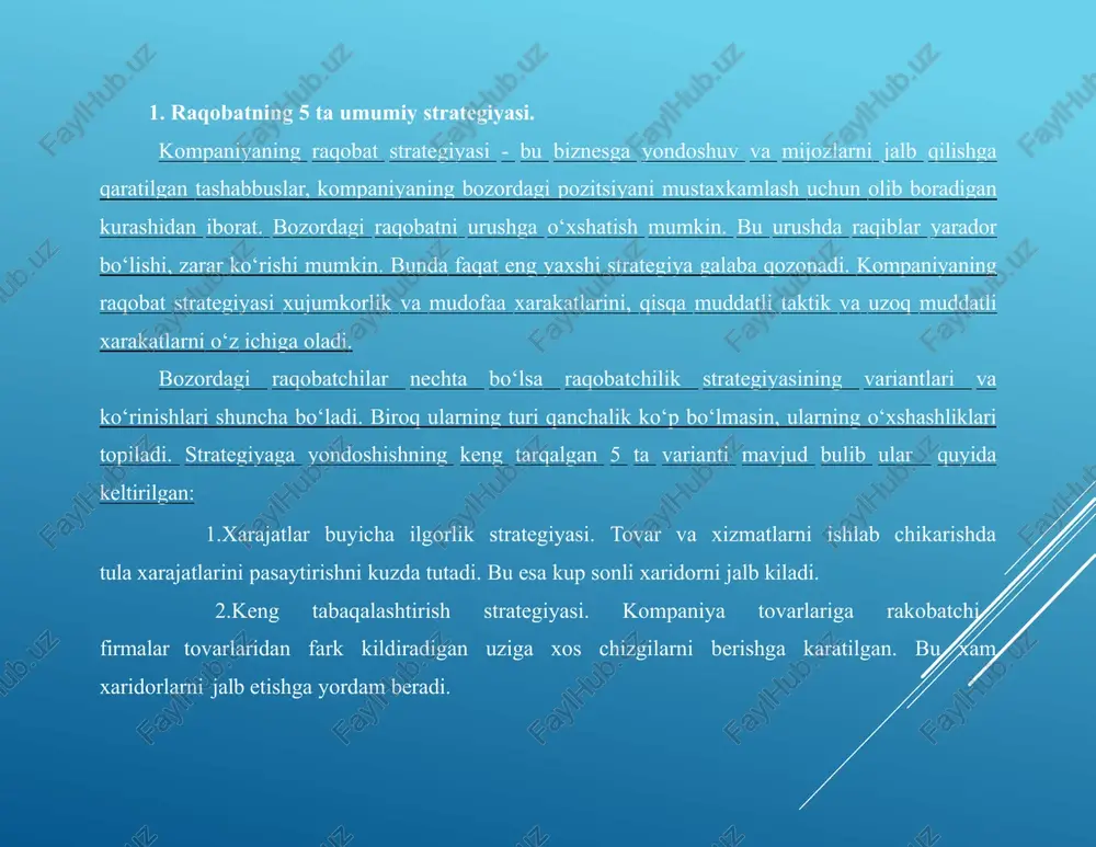 idan ancha past baxolar xisobiga utib ketadi. ifodalangan strategiya yoki maxsulotni tabaqalashtirishga asoslangan bozor uyasi strategiyasi. uning maksadi - tanlangan segmentlar namoyondalarini ularning did va talablariga yanada tularok javob beradigan tovar va xizmatlar bilan ta’minlashdir. 2.raqobat ustunligini saqlab qolish uchun xujumkorlik strategiyasidan foydalanish. rakobat ustunligiga deyarli xar doim muvaffakiyatli xujumkor strategik xarakatlar xisobiga erishiladi. ustunlikka erishishni ta’minlash uchun muvaffakiyatli xujumkor strategiyaga kancha vakt talab etilishi tarmokdagi rakobat tavsifiga boglik. ustunlikni ta’minlash vakti kiska bulishi, xizmat kursatish soxasidagi kabi, murakkab texnologik jarayonli kapital talab etadigan tarmoklardagi kabi ancha davomli bulishi xam mumkin. ideal darajada sozlangan xarakatlar mikyosi ancha katta bulgan ( masalan, yangi kimmatbaxo dorining patentiga farmatsevtikada ega bulish sezilarli ustunlikni ta’minlaydi) yoki uncha katta bulmagan (masalan, tikuvchilik sanoatida. bunda kiyimlarning yangi modadagi fasonlari osongina uzlashtirilishi mumkin, nusxa kuchirish orkali) rakobat ustunligini yaratishi mumkin. muvaffakiyatli xujumdan sung «mevalarning samarasini» kurish davri keladi. bu davrning davomiyligi esa rakiblarga yukotilgan pozitsiyalarni kaytarib olish …
