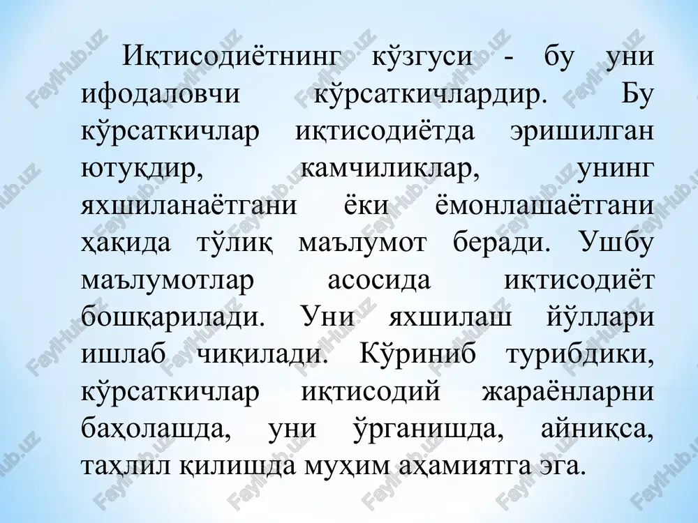 xodimlarning ish soati, chorvaning mahsuldorligi kabi turli sohaning faqat o'ziga tegishli bo'lgan ko'rsatkichlar kiradi. savdoning muomala xarajatlari faqat savdoga tegishli, uni chorvachilikda yoki qurilishda qo'llab bo'lmaydi. yoki chorva mollarining mahsuldorligi ko'rsatkichini sanoatda qo'llab bo'lmaydi. shu tufayli ushbu ko'rsatkichlar maxsus ko'rsatkichlar tizimiga kiradi. ko'rsatkichlar ifodalanish shakli bo'yicha ham ikki guruhga:mutlaq va nisbiy ko'rsatkichlarga bo'linadi. mutlaq ko'rsatkichlar ham o'z navbatida qaysi o'lchamda ifodalanishiga qarab ikki guruqga: natural (mikdor) va qiymat ko'rsatkichlariga bo'linadi. natural ko'rsatkichlar, asosan, tabiiy holda mavjud bo'lgan jismoniy birlikda ifoda etiladigan ko'rsatkichlardir. ushbu guruh ko'rsatkichlariga biror bir predmetning uzunligi, og'irligi, maydoni yoki kengligi kabi o'lchamlarni ifodalovchi ko'rsatkichlarni misol keltirish mumkin. qiymat ko'rsatkichlar ham turli o'lchamlarda bo'ladi, masalan, biror tovarning bahosi, umumiy summasi, biror xizmatning tarifi, xodimlarga to'lanadigan ish haqi kabilarni misol keltirish mumkin, nisbiy ko'rsatkichlar aksariyat holarda turli mutlaq ko'rsatkichlarning bir-biriga yoki bir xil mutlaq ko'rsatkichlarning turli davrlardagi hajmini bir-biriga solishtirish yo'li bilan aniqlanadi. masalan, bir ko'rsatkichni ikkinchi boshqa bir …