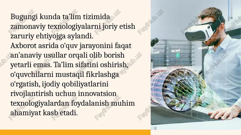 klaster”, “bahs-munozara”, “rol o‘ynash”, “debat” kabi metodlar. 8 masofaviy ta’lim — bu o‘quvchi va o‘qituvchi geografik jihatdan turli joyda bo‘lsa-da, ta’lim jarayonini internet orqali amalga oshiradigan tizimdir. bu shakl pandemiya davrida ayniqsa muhim ahamiyat kasb etdi. masofaviy ta’limda lms (learning management system), zoom, google meet, moodle kabi platformalar keng qo‘llaniladi. 9 modulli o‘qitish — bu o‘quv materialini mantiqiy qismlarga (modullarga) ajratib o‘rganish tizimi. har bir modulda maqsad, mazmun, topshiriq va baholash mezonlari belgilanadi. bu texnologiya o‘quvchining mustaqil ishlash va o‘zini baholash ko‘nikmasini rivojlantiradi. 10 muammoli ta’lim o‘quvchilarni mustaqil fikrlash va tahlil qilishga o‘rgatadi. o‘qituvchi o‘quvchilarga muammo vaziyatini beradi, ular esa yechim topishga harakat qiladi.bu texnologiya o‘quvchilarni hayotiy vaziyatlarga tayyorlaydi. 11 steam — science, technology, engineering, art, mathematics sohalarini birlashtiruvchi innovatsion texnologiya. u amaliy faoliyat orqali o‘quvchilarda muammolarni yechish, ijodkorlik va tanqidiy fikrlashni shakllantiradi. bugungi kunda steam ta’limi maktabgacha va umumta’lim bosqichlarida ham joriy etilmoqda. 12 multimediali texnologiyalar (video, audio, animatsiya, …