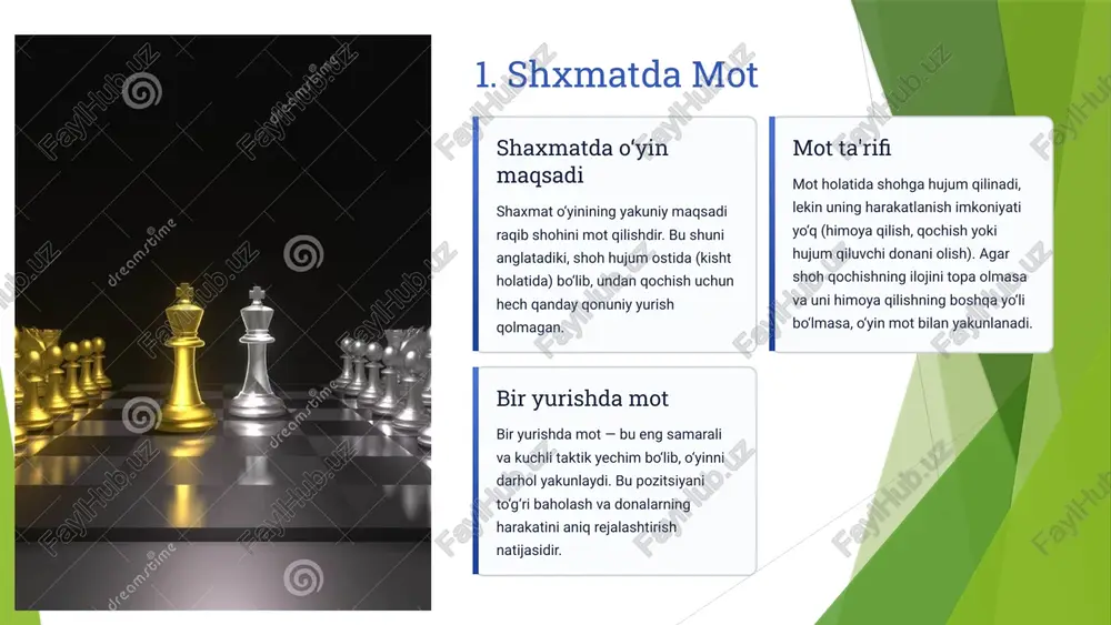 ki hujum qiluvchi donani himoya qilishda muhim yordamchi rollarni bajaradi. piyodalar va shoh (pawn & king) piyodalar va shoh ham mot qilishda bilvosita ishtirok etishi mumkin. shoh mot pozitsiyasida o‘zining ba’zi kataklarini yopib, qochish imkoniyatlarini pasaytiradi (bu "o‘z donasi bilan mot" deb ham yuritiladi). 7 oq donalar bilan o‘ynayapsiz va pozitsiyani tahlil qilmoqdasiz. raqib shohi burchakka yaqin joylashgan, atrofidagi kataklar o‘z donalari tomonidan egallangan. ruxning kuchli vertikal nazoratidan foydalanish ayni muddao. pozitsiya tahlili faraz qilaylik, qora shoh h8 da joylashgan. uning atrofidagi g7, h7, g8 kataklari boshqa qora donalar (masalan, piyoda yoki rux) tomonidan band qilingan. oq ruxi esa g1 da turibdi. mot rejasi: oq ruxni g8 katagiga olib borish. hujum: rux g8 ga yurganida, u to‘g‘ridan-to‘g‘ri h8 dagi shohga kisht beradi. qochish yo‘llari: shohning qochish uchun faqat bitta yo‘li bor edi — h7 (agar u bo‘sh bo‘lsa) yoki g7. ammo ular qora donalar tomonidan yopilganligi sababli, shoh qochib qutula …