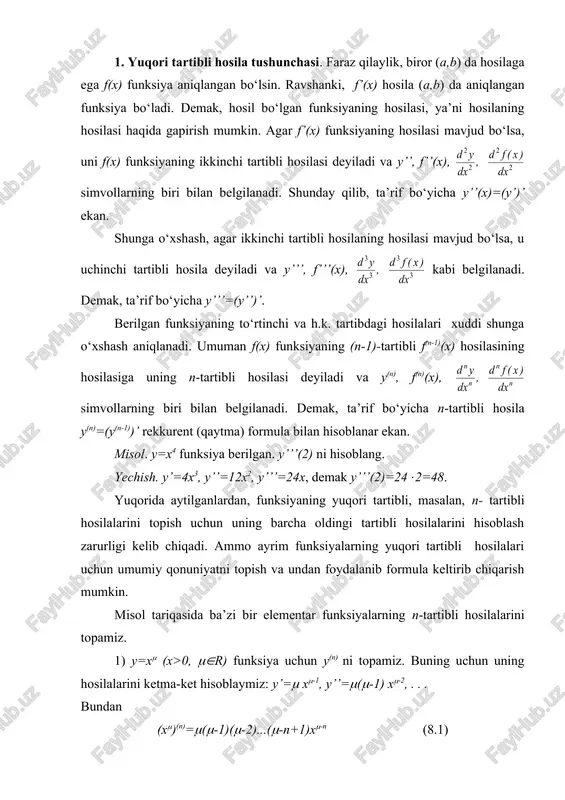 elib chiqadi. bu formulaning n=1 uchun o‘rinliligi yuqorida ko‘rsatilgan. endi (1) formula n=k da o‘rinli, ya’ni y(k)=(((-1)...((-k+1)x(-k bo‘lsin deb, uning n=k+1 da o‘rinli bo‘lishini ko‘rsatamiz. ta’rifga ko‘ra y(k+1)= (y(k))’. shuning uchun y(k+1)=(y(k))=((((-1)...((-k+1)x(-k)’=(((-1)...((-k+1)((-k)x(-k-1 bo‘lishi kelib chiqadi. bu esa (8.1) formulaning n=k+1 da ham o‘rinli bo‘lishini bildiradi. demak, matematik induksiya usuliga ko‘ra (8.1) formula (n(n uchun o‘rinli. (8.1) da (=-1 bo‘lsin. u holda funksiyaning n-tartibli hosilasi (8.2) formula bilan topiladi. 2) y=lnx (x>0) funksiyaning n-tartibli hosilasini topamiz. bu funksiyainng birinchi hosilasi bo‘lishidan hamda (8.2) formuladan foydalansak, (8.3) formula kelib chiqadi. 3) y=sinx bo‘lsin. ma’lumki, bu funksiya uchun y’=cosx. biz uni quyidagi ko‘rinishda yozib olamiz. so‘ngra y=sinx funksiyaning keyingi tartibli hosilalarini hisoblaymiz. bu ifodalardan esa y=sinx funksiyainng n-tartibli hosilasi uchun (8.4) formula kelib chiqadi. uning to‘g‘riligi yana matematik induksiya usuli bilan isbotlanadi. xuddi shunga o‘xshash (8.5) ekanligini ko‘rsatish mumkin. masalan, . 2. ikkinchi tartibli hosilaning mexanik ma’nosi. ikkinchi tartibli hosila sodda mexanik ma’noga …