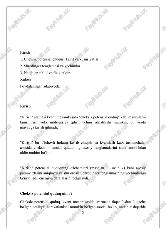 unda zarrachaning energiyasi va potensiali vaqt bilan o'zgarmaydi (masalan, atomdagi elektronlar). vaziyatni soddalashtirish "vaziyatni soddalashtirish" potentsial quduq masalasida chegaraviy sharoitlarni qo'llash orqali differentsial tenglamalarni hal qilishni osonlashtirishga yordam beradi, bu esa matematik murakkablikni kamaytiradi. "vaziyatni soddalashtirish" kvant mexanikasida, xususan, infinite potential well bilan ishlaganda, fizikaning asosiy jihatlarini (masalan, energiya darajalarini) ajratib ko'rsatish uchun muhim ahamiyatga ega. "vaziyatni soddalashtirish"da, nol potensialni tanlash to'lqin funksiyasini yechimini topishga yo'naltirilgan asosiy parametrlarni aniqlash imkonini beradi, chunki u hisob-kitoblarni soddalashtiradi. chegaraviy shartlar chegaraviy shartlar to'lqin funksiyasining x=0 va x=l nuqtalarda nolga teng bo'lishini ta'minlaydi, bu yerdagi 'l' quduqning kengligini ifodalaydi. bu zarrachaning tashqarida bo'lish ehtimoli nolga teng ekanligini anglatadi. chegaraviy shartlar shrödinger tenglamasining yechimlarini kvantlaydi, ya'ni faqat ma'lum energiya qiymatlari (e1, e2, e3…) quduq ichida barqaror to'lqin funksiyalarini hosil qiladi, bu yerda en = n^2h^2/8ml^2 formuladan kelib chiqadi. uzliksizlik sharti to'lqin funksiyasi ψ(x) va uning birinchi hosilasi dψ(x)/dx quduq chegaralarida uzluksiz bo'lishini talab qiladi. bu …