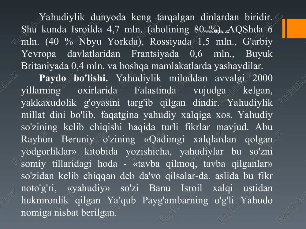 olishni buyurdi. shu sabab yahudiylik dinida shanba kuni ulug' kun hisoblanib, hech bir ishga qo'l urilmaydi. 2. yahudiylar yer yuzidagi xalqlarning «eng mumtozi» va u «dunyoda berilajak in'omlaming eng haqlisi» ekanligi. ular o'zlarini xudo tomonidan saylangan, muqaddas xalq ekanini, yahudiyning ruhi xudoning bir qismi hisoblanishini da'vo qiladilar. 3. messiya - xaloskorning kelishi haqida. unga ko'ra, oxirzamonda yahve yahudiylar orasidan bir xaioskomi chiqaradi va u quyidagi vazifalarni bajaradi: 1) dunyoni isloh qilgan holda qaytadan quradi; 2) butun yahudiylami sinion atxofida to'playdi; 3) ularning barcha dushmanlarini jazolaydi. 4. oxirat kuniga ishonish. yahudiylikda oxirat haqidagi tasavvurlar, asosan talmudda bayon etilgan. unga ko'ra, yahvega chin e'tiqod qilganlar oxiratda mukofotlanadilar. aksincha, uning qonunlarini buzganlar shafqatsiz jazo oladilar. www.arxiv.uz www.arxiv.uz www.arxiv.uz www.arxiv.uz b r a x m a n l i k veda dinlarining bir shahobchasidir. vaqt o'tishi bilan vedalardagi qo'shiqlar ommaga, hattc ruhoniylarga ham tushunarsiz bo'lib qoldi. bu qo'shiqlar hali o'zgarishga uchramay, muqaddas til va …