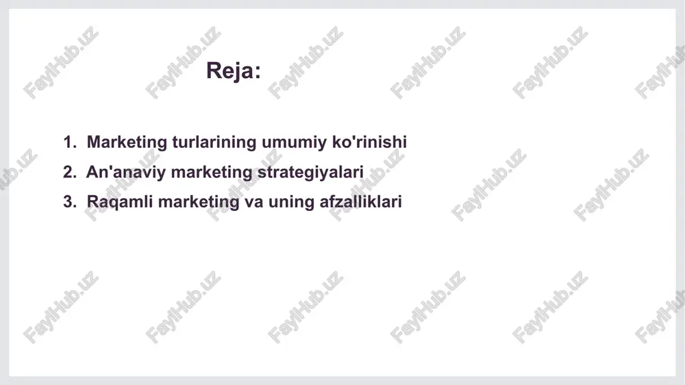 va mijozlar bilan aloqani yaxshilashga yordam beradi. 2 raqobat ustunligi - marketing turlari kompaniyalar uchun raqobat ustunligini ta'minlaydi, chunki ularning foydalanuvchilarga yetkazib beradigan qiymatini oshiradi va bozorda joylashuvini mustahkamlaydi. 3 mijozlarni jalb qilish - turli marketing strategiyalari yordamida kompaniyalar maqsadli auditoriyani aniqlab, ularni jalb qilish va saqlab qolishga erishadilar, bu esa sotuvlarni oshiradi. marketing turlarining maqsadli auditoriyaga ta'siri. marketing turlari maqsadli auditoriyaga ta'sir etish uchun ularning xususiyatlarini hisobga olishni talab qiladi. har bir marketing strategiyasi, masalan, raqamli marketing yoki influencer marketing, turli auditoriyalar bilan aloqalarni o'rnatish uchun moslashtirilishi zarur. bu orqali bizneslar o'z brendini ko'proq tarqatib, mijozlarni jalb qilish imkoniyatini oshiradi. marketing turlarining xalqaro miqyosda qo'llanilishi 1 an'anaviy marketing an'anaviy marketing xalqaro bozorlarda mahalliy madaniyat va urf-odatlarga mos keladigan reklama strategiyalarini talab qiladi, bu esa muvaffaqiyatni ta'minlaydi. 2 raqamli marketing raqamli marketing xalqaro miqyosda keng tarqalgan bo'lib, onlayn platformalar orqali global mijozlarga erishish imkonini beradi va ko'proq auditoriyani jalb qiladi. …