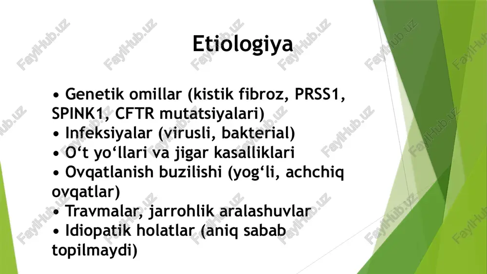 i sezgirlik. davolash tibbiy/konservativ boshqaruv: -ogʻriqni nazorat qilish: stepwise — paratsetamol/nsaid → kerak bo‘lsa opioidlar (yaxshi monitoring bilan) → neuropatik ogʻriq uchun gabapentin/amitriptilin kabi dorilar. bolalar uchun dozalar va yon taʼsirlar nazorat qilinadi. -pankreatik ferment almashtirish terapiyasi (pert): steatoreya va o‘sish sustlashuvi bo‘lsa tavsiya etiladi; dozasi va formulasi naspghan/espghan tavsiyalariga binoan belgilanadi. -nutritional support: yetarli kaloriya (balansli dieta), vitamin adek suplementatsiyasi agar malabsorbsiya bo‘lsa; o‘tkir bosqichlarda enteral/baʼzan parenteral oziqlantirish. endoskopik yondashuvlar: -ercp orqali duktal dilatatsiya, tosh olib tashlash, stentlash — maʼlum anatomik/obstruktiv holatlarda samarali; pediatrik markazlarda tajriba ortib bormoqda. jarroxlik: -duktal drenaj (puestow / lateral pancreaticojejunostomy) — keng duktal dilatasiyasi va ogʻriq bo‘lsa. -frey yoki boshqa resektiv-prosedyuralar — lokal kasallik joylashuvida. -tpiat (total pankreatektomiya + islet autotransplantatsiya) — ogʻriqni boshqarish va bolalarda endokrin funksiyani saqlab qolish maqsadida murakkab hududiy markazlarda bajariladi. naspghan bu usullarni muvofiq markazlar va qatʼiy indikatsiya bilan tavsiya qiladi. profilaktika genetik konseling: prss1 yoki boshqa patogen mutatsiya …