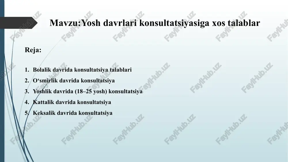 ish — bola ishonchini mustahkamlash omili. psixolog bola aytgan ma’lumotlarni sir saqlashi lozim. maxfiylik bolaning ishonchini oshiradi, o‘zini xavfsiz his etishiga yordam beradi. asosiy muammolar va maxsus ehtiyojlar yosh davrlari konsultatsiyasida yoshlar turli xil muammolar bilan kelishadi. bu muammolarni tilakli va bir-biriga bog'langan kategoriyalarga ajratib ko'rish mumkin. konsultantlar ushbu muammolarga maxsus yondashuvi bilan ish qilishlari kerak. ijtimoiy muammolar dunyo bilan munosabatlar, do'stlik muammolari, oilada turli xil shiroqlar psixologik muammolar depressiya, xavotir, stress, o'z-o'ziga ishonchning kamchiligi maqsad va kelajak rejalashtirlash ta'lim tanlash, kasb tayinlash, kelajak ohangini bilmaslik ruhiy va fiziologik o'zgarishlar o'smirlikning fiziologik va psixologik o'zgarishlari bilan birga tushish davra va o'ziga zarar etish axloqsiz davra, narkotik va alkogol, o'ziga zarar etish tendentsiyalari o‘smirlik davrida konsultatsiya xususiyatlar: o‘smirlik — o‘zini izlash, mustaqillikka intilish davri. bu davrda o‘smir o‘z “men”ini topishga, mustaqil qaror qabul qilishga, kattalar nazoratidan chiqishga intiladi. shu sababli, psixolog konsultatsiyada o‘smirning shaxsiy fikrini hurmat qilishi, uni o‘z hayot yo‘lini …