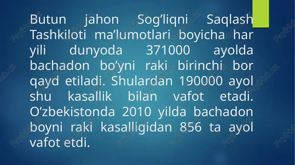 chiq garimdori tarkibidagi kapstaytsin moddasi organizmdagi saraton kasalligini keltirib chiqaruvchi nitrozaminlar miqdorini nazorat qilishga yordam beradi. pomidor tarkibidagi polifenol saraton kasalligiga qarshi kuchli antioksidant. zig’ir urug’i tarkibida omega-3 yog’lari mavjud bo’lib bu modda ko’krak bezi va oshqozon rakidan himoya qiladi. sarimsoq piyoz kuchli antioksidant hisoblanib saraton kasalligini oldini oladi. ko’k choy tarkibidagi polifenol o’pka teri yo’gon ichak prostata bezi va ko’krak saratonlarini oldini oladi bachadon anatomiyasi 9 bachadon muskulli a`zo bo`lib nok shaklini eslatadi. uning elementlari : - bachadon bo`shlig`i - falloppiy naylari - tuxumdon bachadon 3 qismga bo`lib o`rganiladi: 1- tubi: bachadonning eng yuqori - naylarga tutashuvchi qismi. u do`ng shaklida ko`tarilib turadi. 2-tanasi: konussimon shakldagi qism bo`lib tubi va bo`yni orasida joylashgan. 3-bo`yni eng pastki qinga davom etuvchi qismi. bachadonnig uzunligi voyaga yetgan ayollarda 7-8 sm og`irligi 16-20 yoshda 20-25 gr, 30-40 yoshda 45-50 gr, 50 yoshdan keyin vazni kamayadi. boshqa organlarga nisbatan joylashuvi: -oldindan siydik pufagi -orqadan …
