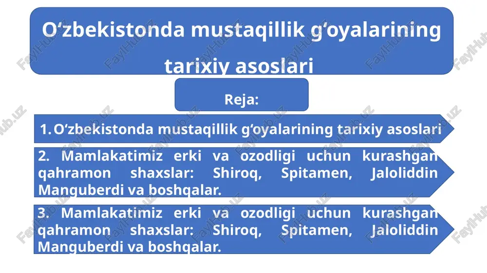 va jaloliddin manguberdi kabi qahramonlar vatan erki uchun jon fido qilgan. shiroq — qadimgi massaget jangchisi bo‘lib, fors podshosi doro i istilosiga qarshi xalqni himoya qilgan. u dushmanni cho‘lga aldab olib kirib, suvdan mahrum qilib halok bo‘lishiga sabab bo‘lgan. shiroq spitamen spitamen (miloddan avvalgi iv asr) — o‘zbekiston hududida yashagan so‘g‘diyona xalqining mashhur sarkardasi bo‘lib, u aleksandr makedonskiy bosqiniga qarshi xalq qo‘zg‘oloniga boshchilik qilgan. u o‘rta osiyo xalqlarining mustaqillik, erkinlik va vatanparvarlik g‘oyalarining dastlabki himoyachilaridan biri sifatida tarixda katta iz qoldirgan. jaloliddin manguberdi jaloliddin manguberdi — xorazmshohlar sultoni, mo‘g‘ullarga qarshi jasorat bilan kurashgan. uning indus daryosidagi jangdagi mardligi tarixda abadiy saqlanib qolgan. amir temur – buyuk davlat arbobi va sarkarda. amir temur (1336–1405) — buyuk sarkarda va davlat arbobi bo‘lib, 1370-yilda markazlashgan temuriylar davlatini barpo etgan. uning siyosiy faoliyati natijasida movarounnahr va xurosonda tartib-intizom, qonun ustuvorligi, ilm va san’at yuksak darajada rivojlandi. temuriylar davrida ilm-fan va madaniyat taraqqiyoti. amir temur …