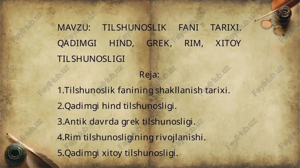 mantiq bilan bog'lab, so'zlarni o't, fe'l va bog'lovchi kabi turlarga ajratgan. grek grammatikasi natijalarida aleksandriya maktabi olimlari — dionisiy frakiylik va apolloniy discol muhim o'rin tutadi. dionisiy frakiylik “grammatika san'ati” asarida yunon tilining fonetikasi, morfologiyasi va sintaksisini tahlil qilgan. aynan u so'z turkumlarini ajratgan va grammatikani mustaqil fan sifatida shakllantirgan. rim tilshunosligi grek tilshunosligi taʼsirida rivojlandi. rimliklar tilining grammatik lotin jarayonida yunon olimlarining ishlanmalaridan keng foydalanildi. varro , prissian , donat kabi olimlar lotin tili grammatikasini ishlab chiqdilar. varro (mil. avv. i asr) “til haqida” asarida tilning chiqishi, so'z yasalishi va grammatik shakllar haqida yozgan. prissian (mil. v asr) esa “grammatika” nomli asarida lotin tilining to'liq grammatika yaratgan. bu asar o'rta asrlarda yevropa tillarini o'rganishda asosiy qo'llanma bo'lib xizmat qilgan. rim tilshunosligi uchun til qoidalari, yozuv madaniyati va adabiy me'yorlar shakllandi. shu bilan tilshunoslik g'arbda mustaqil ilmiy soha sifatida tan olindi. qadimgi xitoyda tilshunoslik falsafa, mantiq va yozuv tizimi bilan …