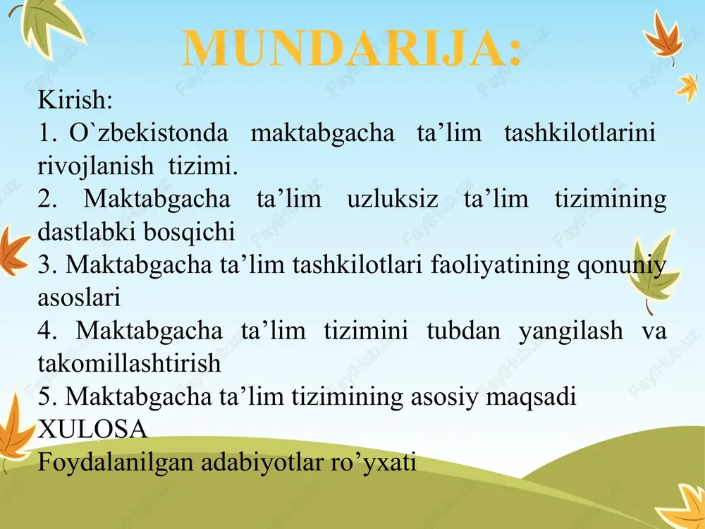 ni anglaydigan, irodasi baquvvat, iymoni butun, hayotda aniq maqsadga ega bo`lgan insonlarni tarbiyalash imkon yaratish". kurs ishining predmeti. mazkur huquqiy negizlar asosida yaratilgan maktabgacha ta’lim konsepsiyasiga tayangan holda maktabgacha ta’limning tarkibi va mazmunini qayta ko’rib chiqish, jismoniy, ma’naviy va intellektual jihatdan barkamol, mustaqil fikrlaydigan yosh avlodni shakllantirish. kurs ishining obekti. kurs ishi loyihasining obekti sifatida mtt tashkiloti olindi. kurs ishining metodlari. kuzatish. suhbat. .eksprement. .savol- javob. 5.anketa. kurs ishining tuzilishi. kirish, 5 paragraf, xulosalar, foydalanilgan adabiyotlar ro’yxati va ilovalardan iborat o`zbekistonda maktabgacha ta’lim tashkilotlarini rivojlanish tizimi. o‘rta osiyoda xix asrning 80-90yillariga kelib, bolalar maktabgacha ijtimoiy tarbiyasi g‘oyalari yetila boshlandi. o‘sha davrda taraqqiyparvarlik kayfiyatidagi mahalliy ziyolilar mehnatkash ayollarning og‘ir ahvolini va bolalar nazoratsizligini ko‘rib, ularning qismatini yengillashtirishga intila boshladilar. bu ziyolilar vakillari 1872 yilda turkistonda tuzilgan “jamiyati xayriya” tarkibiga kirgan edilar. “jamiyati xayriya” tashkiloti tomonidan miskinlar uylari, tunash joylari, tug‘ruq joylari bilan bir qatorda ota-onasi bo‘lmagan bolalar uchun yetimxonlarni tashkil etdi. …