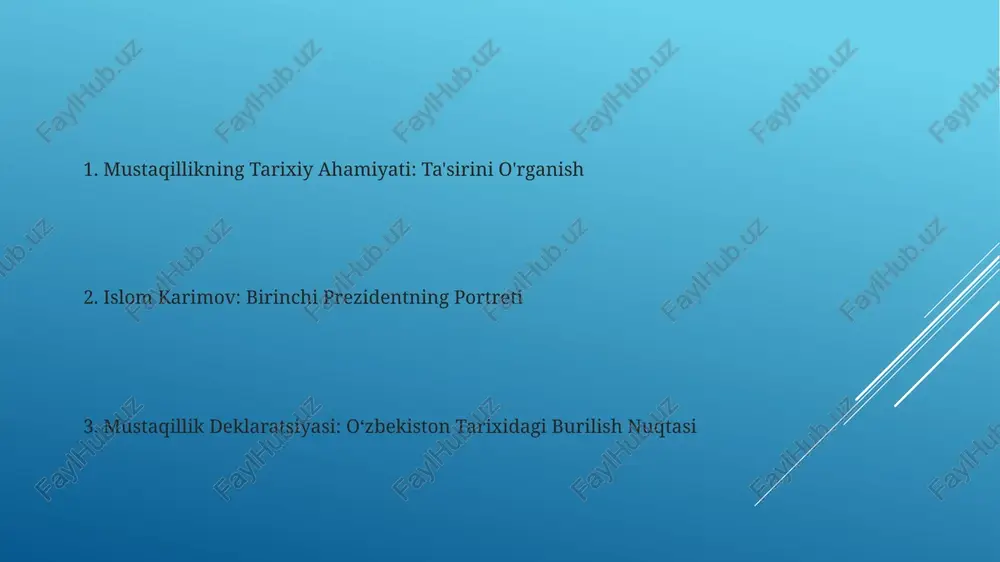 arixiy ahamiyati muhimdir. mustaqillik deklaratsiyasi: mazmuni va ahamiyati mustaqillik deklaratsiyasi: mazmuni va qo'shma shtatlarni tashkil etishdagi ahamiyati. mustaqillik e'lonlari siyosiy kuch va identifikatsiyadagi o'zgarishlarni belgilashda tarixiy ahamiyatga ega. deklaratsiyaning oʻzbekistonga taʼsiri islom karimov o'zbekistonning birinchi prezidenti bo'lib, mamlakatni mustaqilligining dastlabki yillarida boshqargan. ozbekiston tarixida muhim voqea bo'lgan mustaqillik deklaratsiyasi sovet hukmronligining tugashi va ozbekistonning suveren davlat sifatida shakllanishini belgilab berdi. deklaratsiyaning o'zbek kimligiga doimiy ta'siri mustaqillik deklaratsiyasi va uning tarixiy ahamiyati muhimdir. deklaratsiyaning o'zbek kimligiga ta'siri katta. islom karimovning hayoti va ko'tarilishi deklaratsiya sovet hokimiyatining tugashi va oʻzbekistonning mustaqil tarixining boshlanishini belgilab berdi. o'zbekiston 1991 yilda mustaqilligini e'lon qildi. e'tiboringiz uchun rahmat @taqdimot_robot image1.jpg image2.jpg image3.jpg image4.jpg image5.jpg image6.jpg image7.jpg image8.jpg image9.jpg image10.jpg image11.jpg image12.jpg