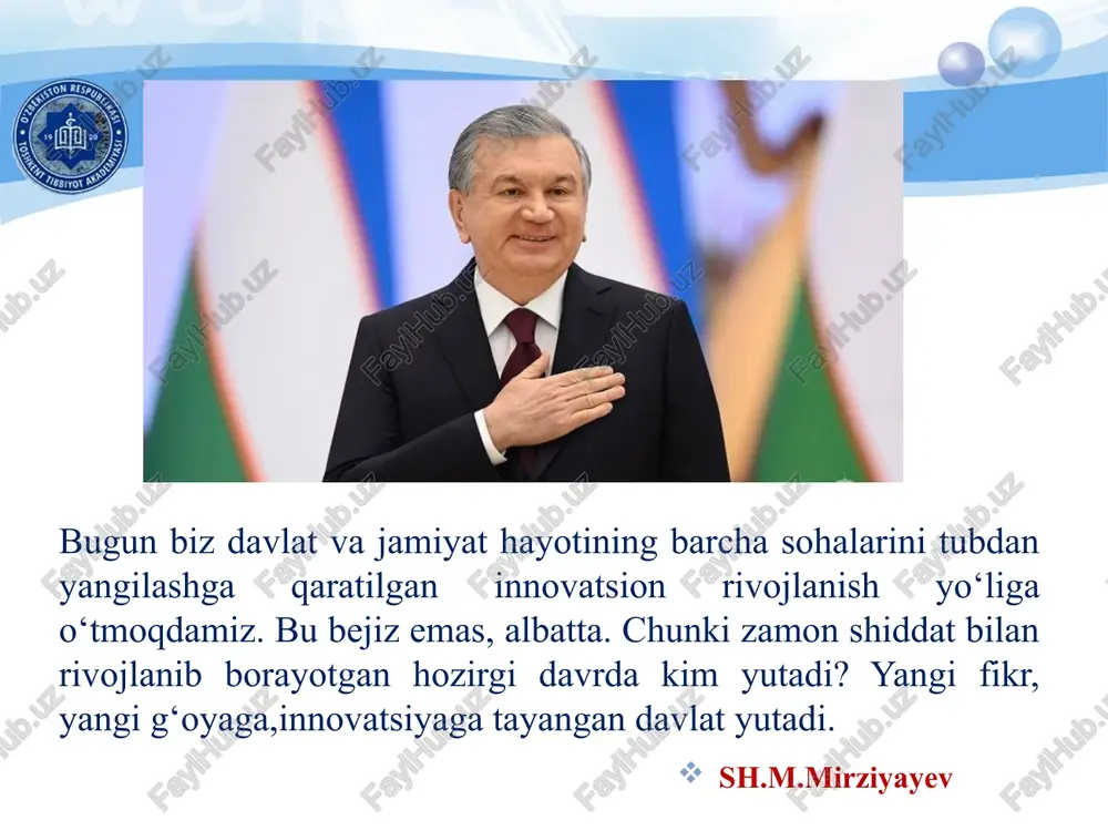 lotlar: -ko‘p miqdorda ma’lumotni tez etkazish kerak bo’ladi. -talabalar faol ishtirokini cheklanadi. -o’qituvchi ko’proq o’zi gapiradi. tushuntirish (lecturing): demonstratsiya: laboratoriya yoki dori ishlab chiqarish jarayonini talabalarga ko‘rsatiladi.bu usul amaliyot bilan bog‘liq bo‘lib, talabalar jarayonni yaxshiroq tushunishadi. dars jarayonida talabalarga dori ishlab chiqarish texnologiyasi batafsil tushuntiriladi. bu metodda o‘qituvchi avtoritar bo’lib, nazariy bilimlar taqdim etiladi.talabalar faolligi kam innovatsion texnologiyalardan foydalanishning metodikasini ishlab chiqish scamper usuli- muammolarni kreativ hal etish usuli bo‘lib, uni dars jarayonida qo‘llash yaxshi samara beradi scamper substitute-almashtirish put to other uses-boshqacha tarzda foydalanish eliminate-olib tashlash rearrange-qayta tartiblash magnify-o'zgartirish combine-birlashtirish adapt-moslashtirish almashtirish-tabletkalarni tayyorlashda ishlatiladigan an’anaviy yordamchi moddalarning o‘rniga yana qanday moddalardan foydalanish mumkin? moslashtirish-tabletkalarni bolalar yoki qariyalar uchun qanday shaklda moslashtirish mumkin? olib tashlash-tabletkalarni tayyorlashdagi qaysi bosqichni yoki moddasini olib tashlash mumkin?- birlashtirish-qanday texnologik bosqichlarni birlashtirib samaradorlikni oshirish mumkin? boshqacha tarzda foydalanish-tabletkalardan boshqa qanday usullarda foydalanish mumkin? o‘zgartirish-tabletkalarning o‘lchami, rangi, shakli yoki ta’mini qanday o‘zgartirish mumkin? tartibni o‘zgartirish -tayyorlash …