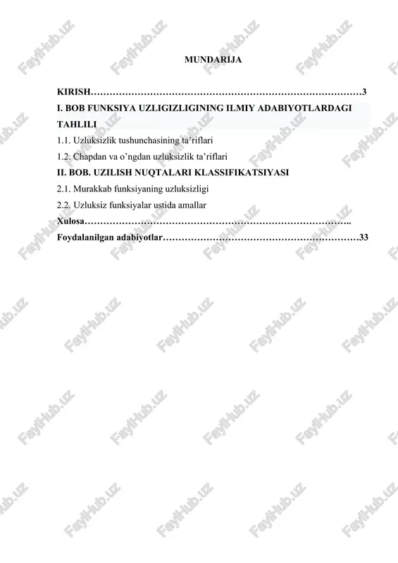 b chiqiladi. bu mavzuni o‘rganish orqali talabalar funksiyalarning xatti-harakatlarini chuqurroq anglab, matematik analiz fanining asosiy bo‘limlarida erkin harakatlana olishlari mumkin bo‘ladi. matematika — aniqlik, mantiq va qat’iylik fanidir. u orqali atrofimizdagi dunyoni modellashtirish, tahlil qilish va bashorat qilish mumkin. bu jarayonlarda funktsiyalar eng asosiy vositalardan biri hisoblanadi. funktsiya — bu o‘zgaruvchilar orasidagi munosabatni ifodalovchi matematik model bo‘lib, u turli tabiiy, texnikaviy va ijtimoiy jarayonlarni o‘rganishda keng qo‘llaniladi. funktsiyalarni o‘rganishda ularning uzluksizligi tushunchasi muhim o‘rin tutadi. intuitiv jihatdan, funktsiyaning uzluksizligi deganda grafikda “uzilishsiz chizilgan” egri chiziq tushuniladi. biroq matematik nuqtai nazardan bu tushuncha aniq ta’rif va qat’iy shartlar asosida aniqlanadi. uzluksizlik tushunchasi orqali funktsiyaning qanday nuqtalarda “uzilmasdan”, ya’ni keskin sakrashsiz o‘zgarishini o‘rganish mumkin. uzluksizlik tushunchasi matematik analizning poydevori hisoblanadi. limitlar nazariyasi, hosila va integral kabi tushunchalar aynan funktsiyaning uzluksizligiga bog‘liq. shu bilan birga, uzluksizlik ko‘plab amaliy masalalarda, jumladan, fizika, muhandislik, iqtisodiyot va biologiyada uchraydigan modellarni tahlil qilishda muhim rol o‘ynaydi. mazkur …