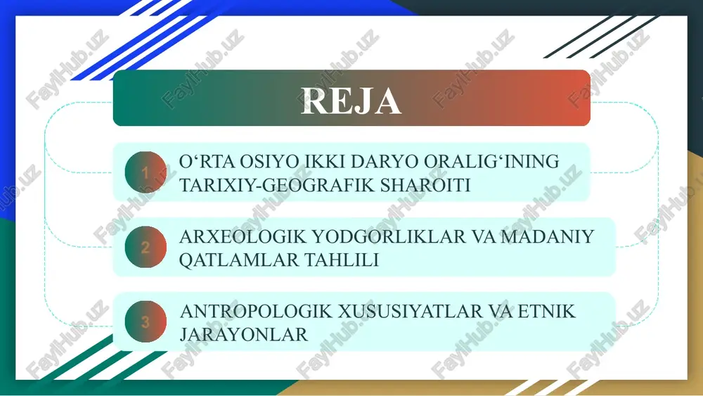 qadimiy baqtriya, sirdaryo esa so‘g‘diyona va xorazm madaniyatlarining shakllanishida muhim rol o‘ynagan. daryolar orqali turli xalqlar o‘rtasida savdo yo‘llari vujudga kelgan, natijada iqtisodiy va madaniy almashinuvlar kuchaygan. shuningdek, amudaryo va sirdaryo havzalari o‘z davrining siyosiy markazlari bo‘lgan yirik shaharlarning paydo bo‘lishiga sabab bo‘lgan. daryolarning mavjudligi bu hududda sivilizatsiya taraqqiyotining barqaror bo‘lishini ta’minlagan. shu bois ikki daryo o‘rta osiyo tarixida “hayot tomiri” deb bejiz atalmagan. dastlabki manzilgohlar va ularning arxeologik o‘rganilishi 1.o‘rta osiyoda eng qadimgi manzilgohlar miloddan avvalgi iv–iii ming yilliklarga to‘g‘ri keladi. 3.sopollitepa, jarqo‘ton, afrosiyob, tuproqqal’a, ko‘ktepa kabi yodgorliklar o‘sha davr hayotini o‘rganishda muhim manba hisoblanadi. 4.arxeologik qazishmalar natijasida qadimgi uy-joylar, mehnat qurollari, sopol idishlar, metall buyumlar topilgan. 2.ular asosan daryo vodiylari bo‘yida joylashgan bo‘lib, aholi bu yerda dehqonchilik, chorvachilik va hunarmandchilik bilan shug‘ullangan. 5.bu topilmalar orqali o‘sha davrdagi ijtimoiy tuzum, iqtisodiy hayot va diniy qarashlar haqida ma’lumot olish mumkin. 6.ko‘plab yodgorliklarda murakkab me’moriy inshootlar, himoya devorlari va ibodatxonalar mavjudligi …