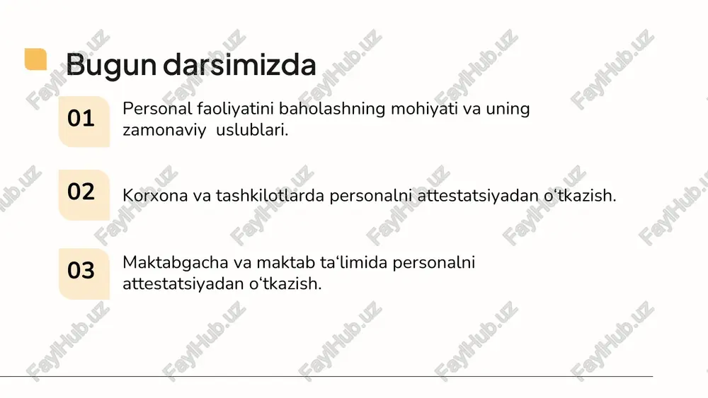 iyalar. zamonaviy uslublar an'anaviy yondashuvlarga qaraganda ko‘proq tizimli, ko‘p qirrali va inson omillarini hisobga olishga asoslangan. misol uchun, 360 daraja baholash, kompetensiya asosida baholash va o‘z-o‘zini baholash kabi usullar. 360 daraja baholash – xodimning faoliyati turli manbalardan (boshliqlar, hamkasblar, bo‘ysunuvchilar, mijozlar) olingan fikr-mulohazalar asosida baholanadi. bu metod har tomonlama baholashni ta'minlaydi va xodimni o‘ziga qarshi baholarni olishga ham undaydi. kompetensiya – xodimning o‘z vazifasini samarali bajarishi uchun zarur bo‘lgan bilim, ko‘nikma, qobiliyat va ishga bo‘lgan munosabatlar majmuasi. zamonaviy baholashda kompetensiyalarni aniqlash va ularga mos baholash tizimini ishlab chiqish muhim hisoblanadi. kpi (key performance indicators) – xodim yoki tashkilotning muvaffaqiyatini o‘lchash uchun ishlatiladigan kalit ko‘rsatkichlar. kpilar xodimning aniq ish natijalarini o‘lchashda qo‘llaniladi va baholash jarayonining o‘lchovli asosini tashkil etadi. shaffoflik – baholash jarayonining ochiqligi, adolatliligi va barcha tomonlar uchun tushunarli bo‘lishi. xodimlar uchun baholash tizimi shaffof bo‘lsa, ular o‘z faoliyatini qanday baholanishini tushunib, undan foyda olishadi. ishning natijalari va jarayoni – …
